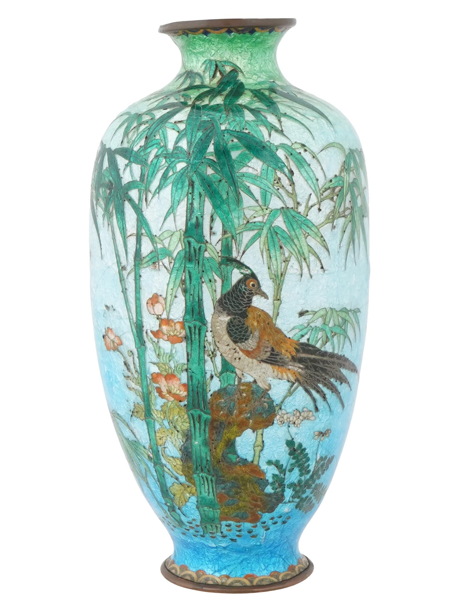 ANTIQUE JAPANESE MEIJI GINBARI CLOISONNE COPPER VASE: An antique Japanese, Meiji era, Ginbari cloisonne enamel over copper vase. Circa early 20th-century. The vase features a detailed enameled design of bamboo stalks, flowers, and a bird, all executed in