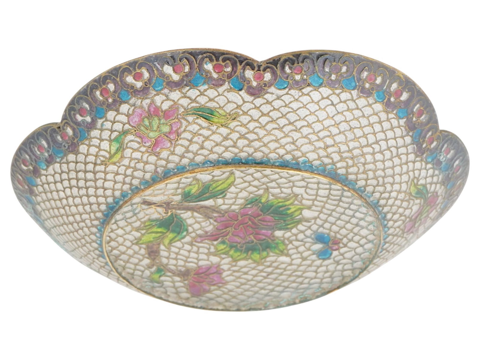 ANTIQUE CHINESE PLIQUE A JOUR ENAMEL SAUCER FLORAL DECOR: An antique Chinese plique-a-jour saucer featuring translucent enamelled floral decoration to the center, with upper and lower beaded rims. The technique, reminiscent of miniature stained glass, showca