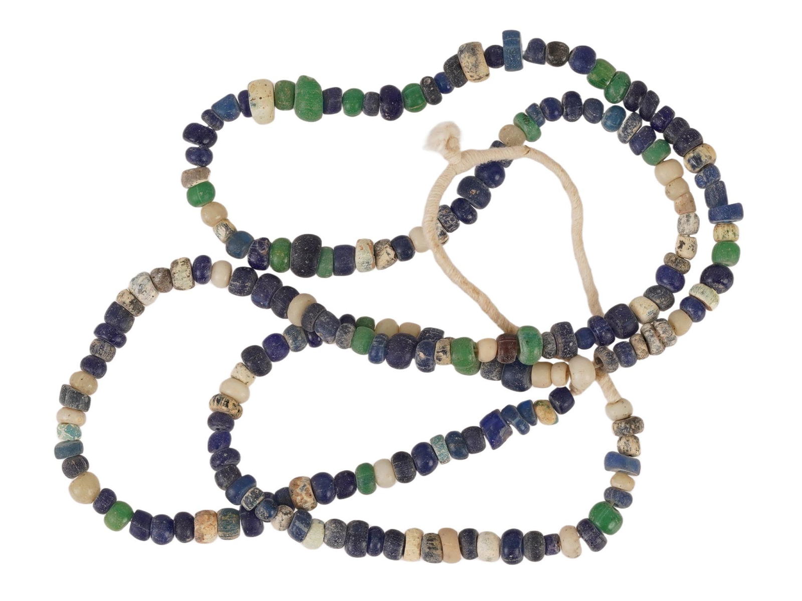 ANCIENT ROMAN GLASS BEADED NECKLACE 100 TO 300 AD: An ancient Roman necklace crafted from multicolored glass beads, dating from 100 to 300 AD. The necklace showcases a range of bead colors and shapes, reflecting the Roman eras intricate glasswork and