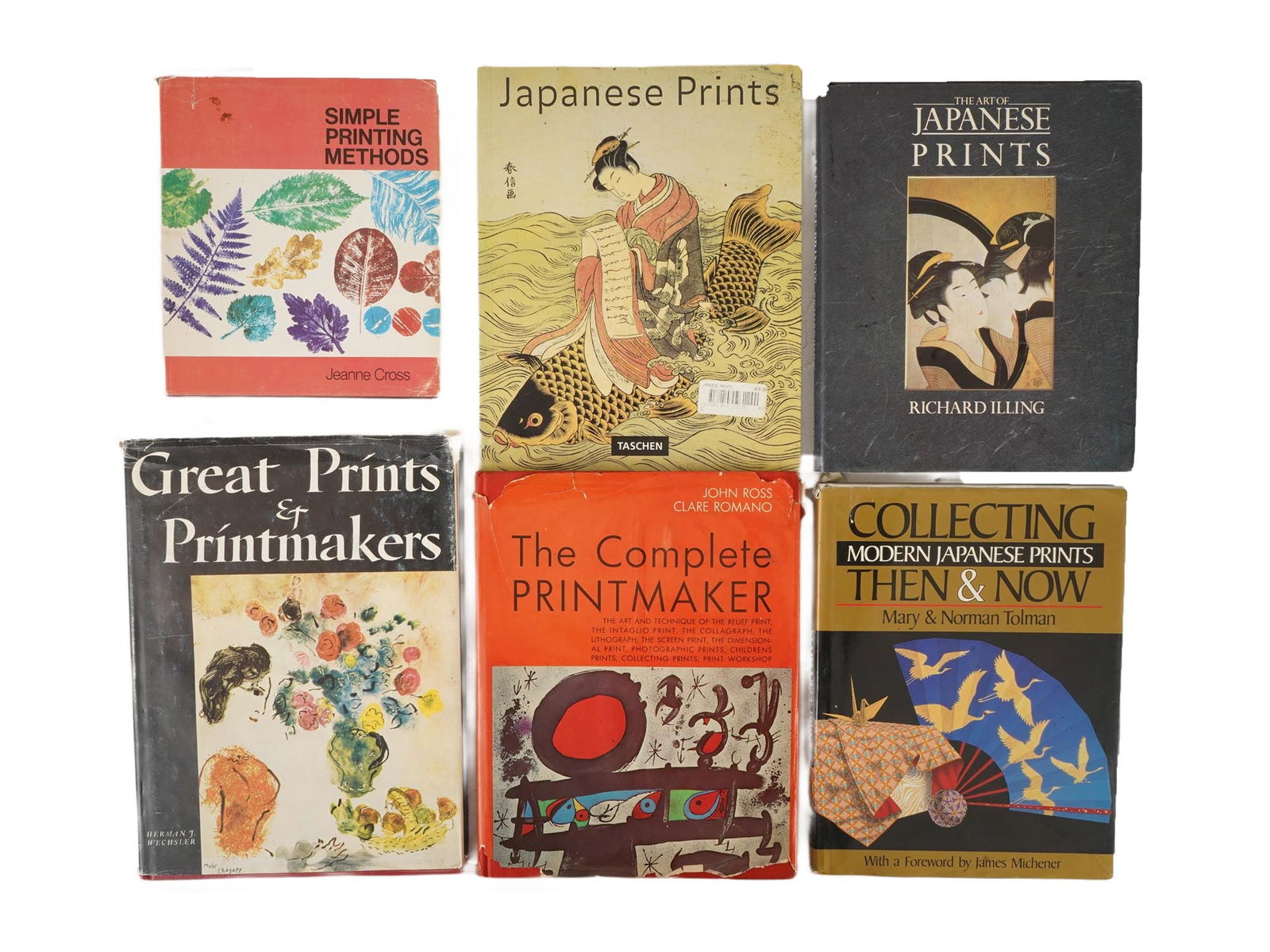 VINTAGE JAPANESE PRINTMAKING PRINTING TECHNIQUES BOOKS: A lot of six vintage books dedicated to Japanese printmaking and printing techniques. The lot includes the book titled Japanese Prints by Taschen, the book titled The Art of Japanese Prints, the book
