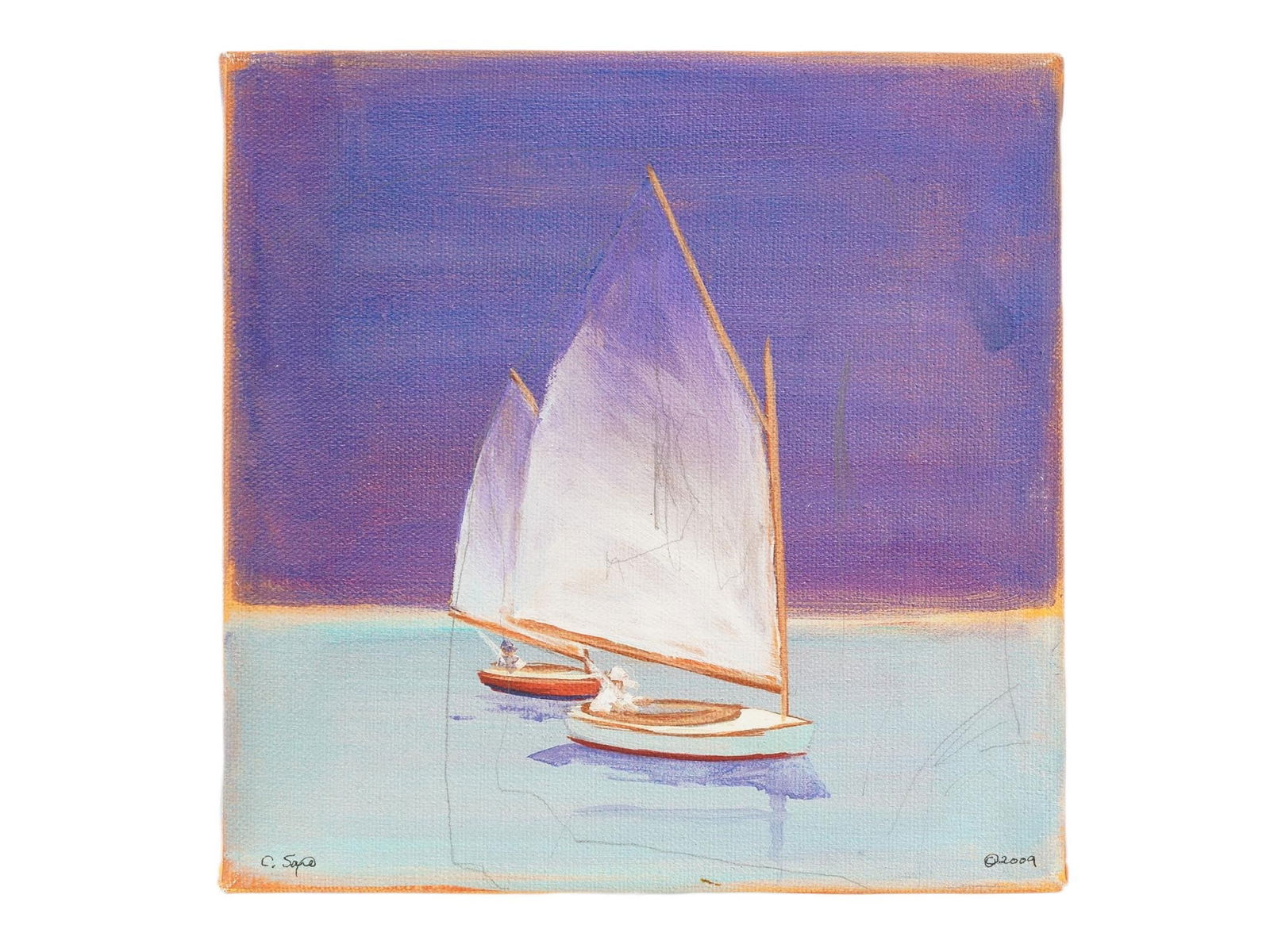 AFTER CAROL SAXE THE CATBOAT RACE PRINT ON CANVAS 2009: A print on canvas after the Catboat Race by Carol Saxe, an East Hampton-based painter. The composition captures two traditional catboats gliding across calm, light-blue waters beneath a dramatic deep-