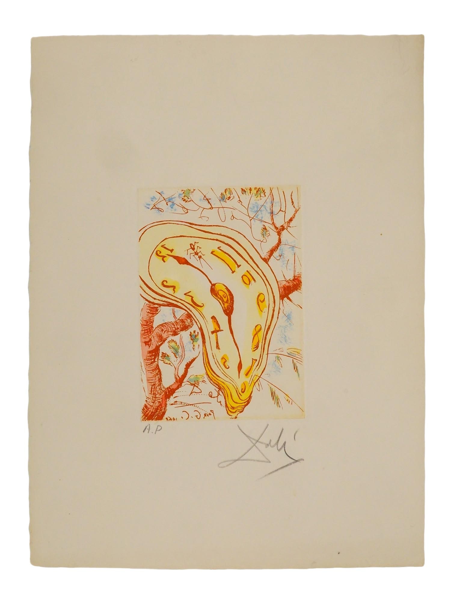LTD SPANISH ETCHING AFTER SALVADOR DALI SIGNED: After Salvador Dali, Spanish, 1904 to 1989, a limited edition color etching on paper titled Melting Clock. A classic Dali motif featuring a melting clock draped over a tree branch. This imagery is clo
