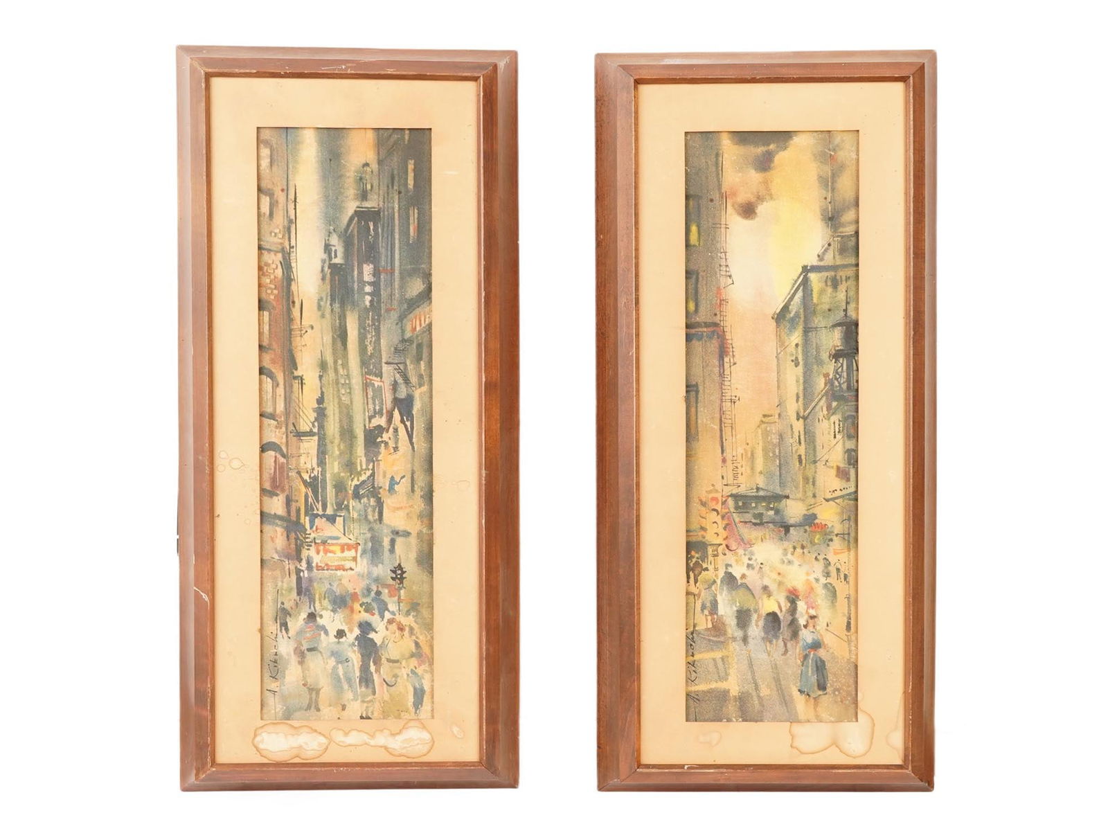 JAPANESE SPEAKERS COVERS ARTWORK BY ATSUSHI KIKUCHI: A pair of watercolor paintings on linen depicting street scenes by Atsushi Kikuchi, Japanese, American, 1918 to 2016. Both are framed. Both paintings are signed at the lower left. The works serve as c