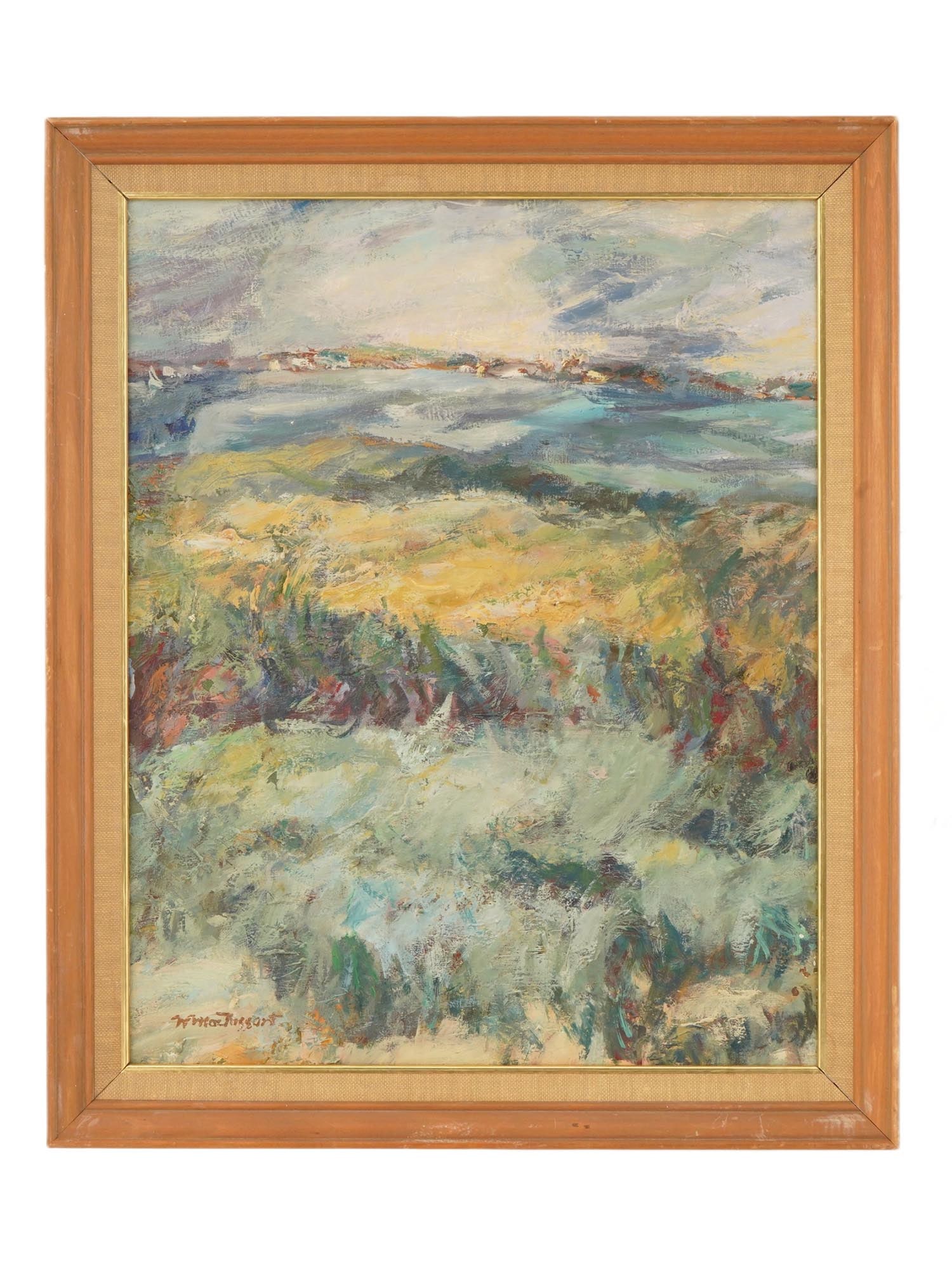 WILLIAM MCTAGGART SCOTTISH PAINTING COASTAL VIEW: William McTaggart, Scottish, 1835 to 1910, an oil painting on canvas laid over board depicting a coastal or lakeside view. Known for his expressive brushwork and evocative treatment of sea and sky, Mc