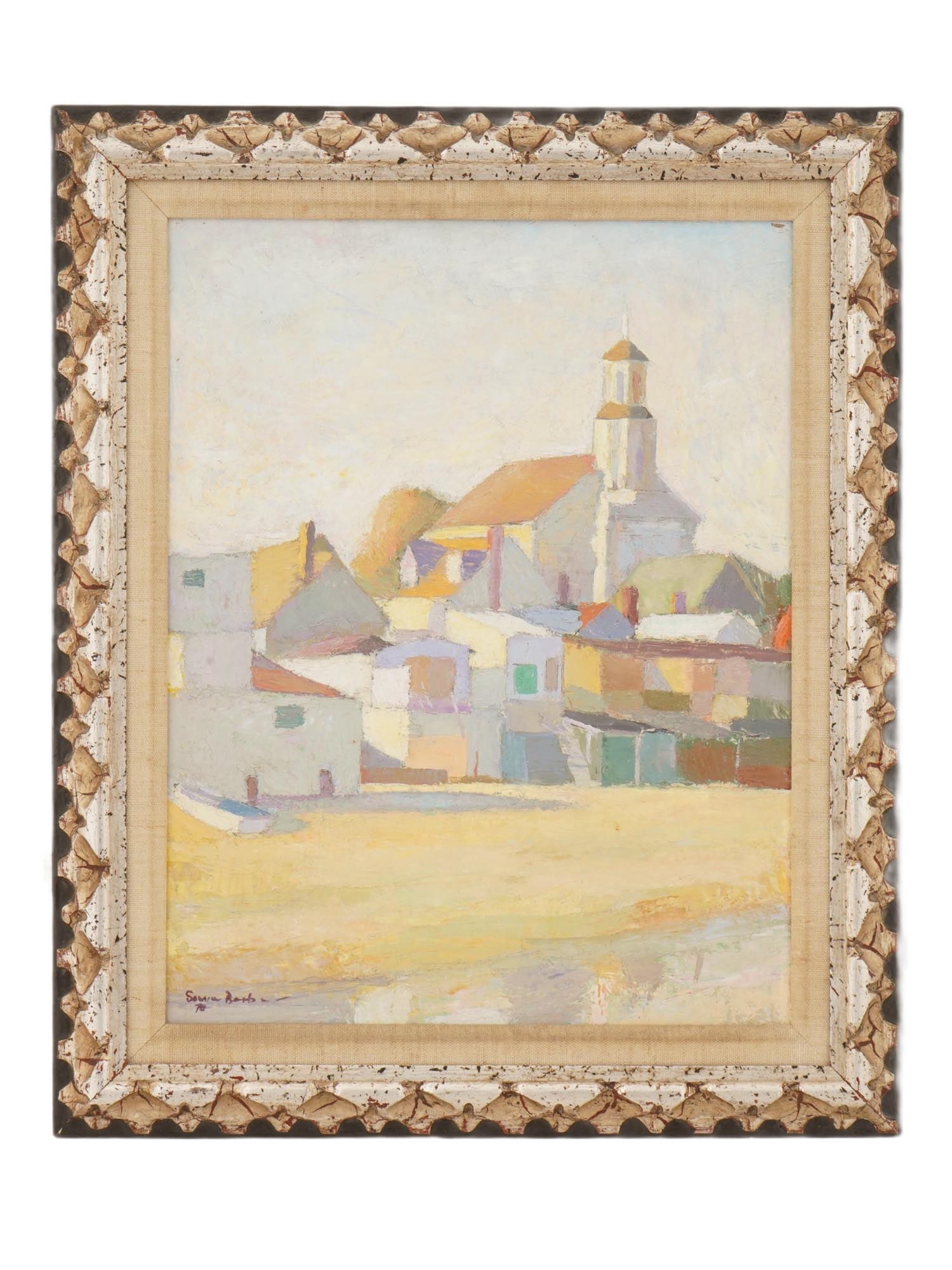 ITALIAN OIL CITYSCAPE PAINTING SIGNED SAM SAMIR BARBER: A vintage Italian oil on wood panel cityscape painting. Signed Sam Samir Barber, born 1943 Italian artist lower left. The painting depicts a view of the city in light pastel tones. Framed. Italian Imp