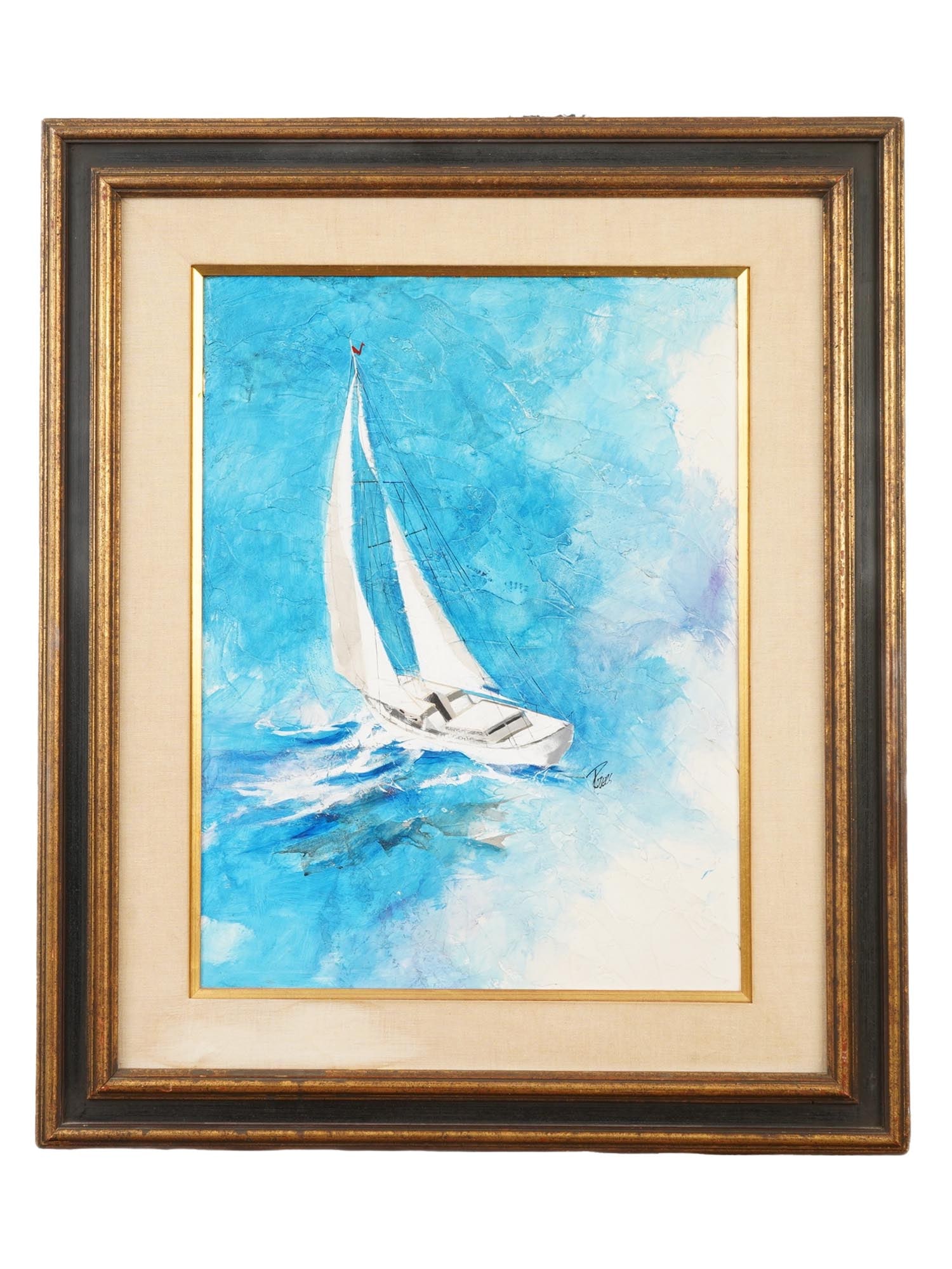 MODERNIST SEASCAPE OIL PAINTING SIGNED BY ARTIST: A Modernist American School oil painting on board depicting a seascape with a ship. Signed by the artist, Robers, lower right. Framed. Modernist and Contemporary American Fine Art, Marine Oil Painting