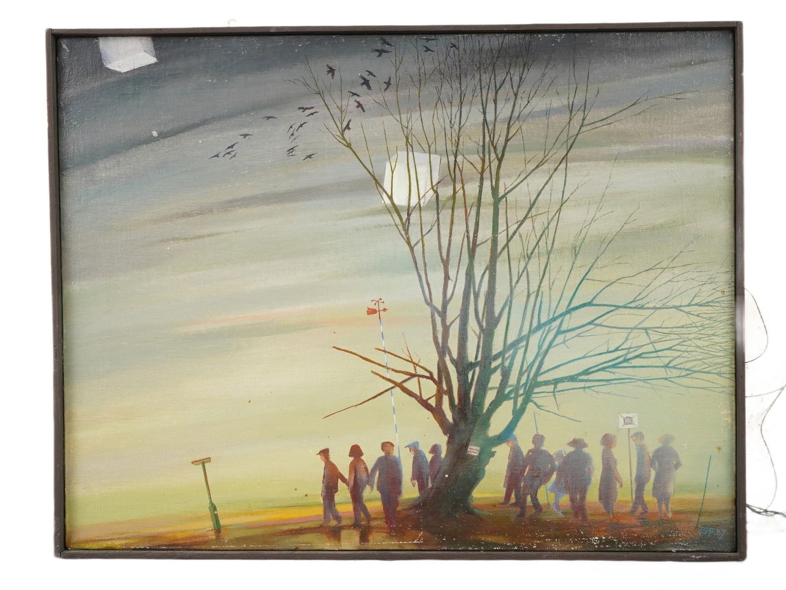 POLISH AMERICAN SCENE OIL PAINTING BY JAN PAWLOWSKI: Jan Pawlowski, Polish, American, born 1949, an oil painting on canvas depicting a genre scene in a landscape, 1987. Signed with initials and dated 87, lower right. Framed. Additionally signed, dated 1