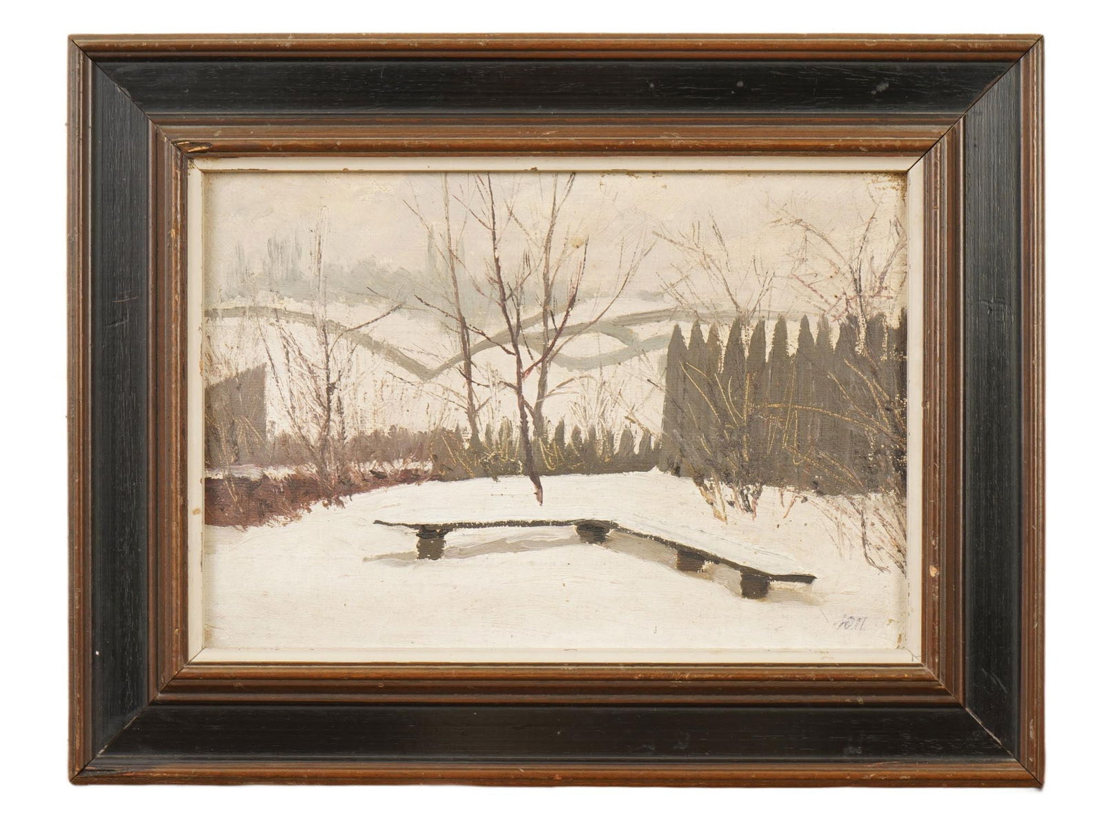 YURI PAVLOVICH UKRANIAN LANDSCAPE OIL PAINTING: Yuri Pavlovich, Ukranian, 1874 to 1947, oil painting on canvas. The painting depicts a nearly monochrome winter village landscape with a snow-covered bench in the center. Signed with initials lower ri