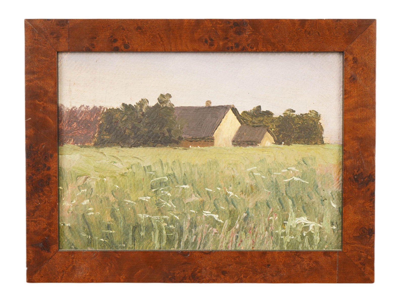 YURIY PAVLOVICH UKRAINIAN PAINTING RURAL LANDSCAPE: Yuriy Pavlovich, Ukrainian, 1874 to 1947, an oil painting on canvas depicting a rural landscape featuring a white building with a brown gabled roof, nestled among a cluster of dark green trees. Framed