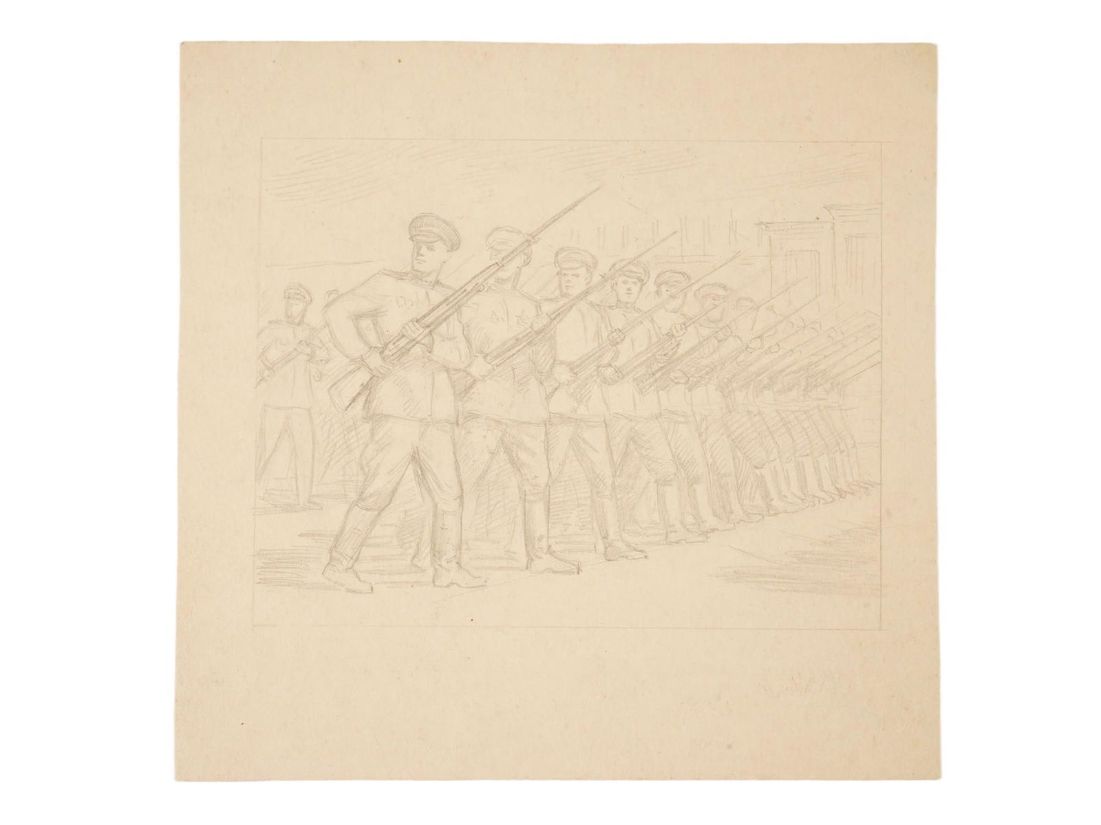 RUSSIAN PENCIL ON PAPER DRAWING ATTR E MELNIKOVA: A vintage Russian pencil on paper drawing attributed to Elena Konstantinovna Melnikova. The painting depicts a sketch on a historical theme with a squad of Soviet soldiers in uniform, marching in form