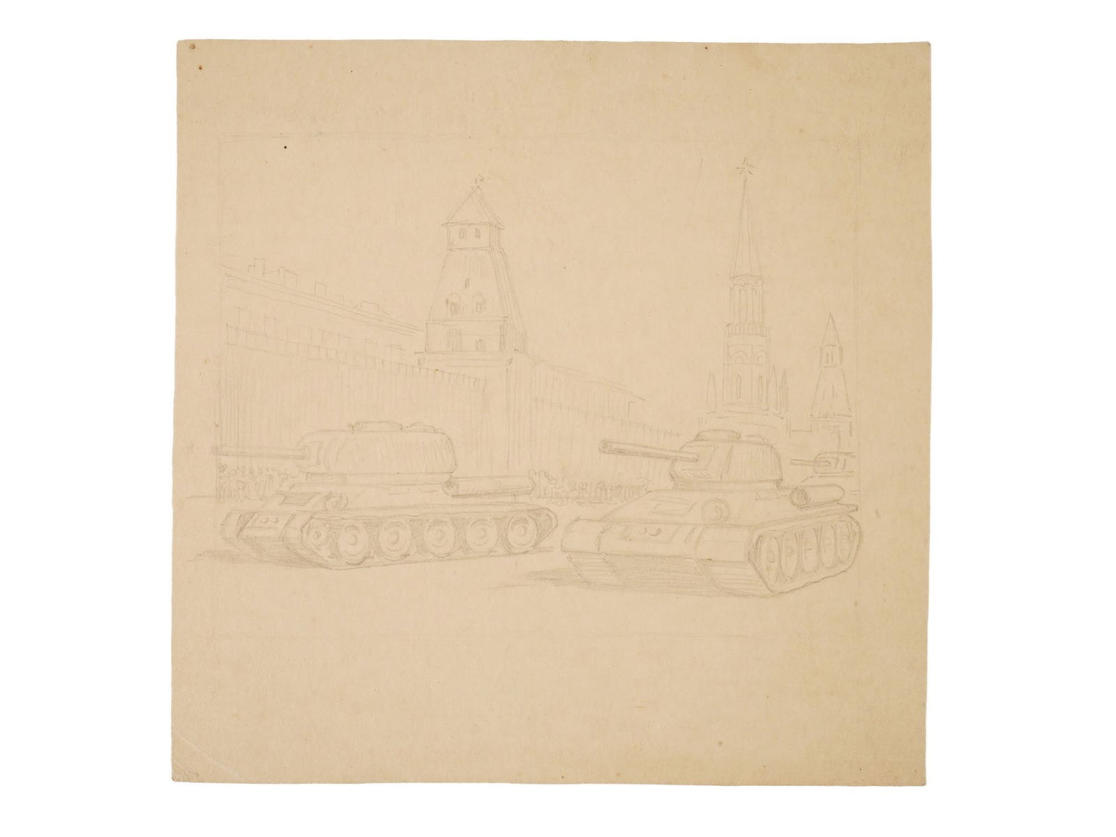 RUSSIAN PENCIL ON PAPER DRAWING ATTR E MELNIKOVA: A vintage Russian pencil on paper drawing attributed to Elena Konstantinovna Melnikova. The painting depicts a sketch on a historical theme with two tanks at the walls of the Moscow Kremlin. Elena Kon