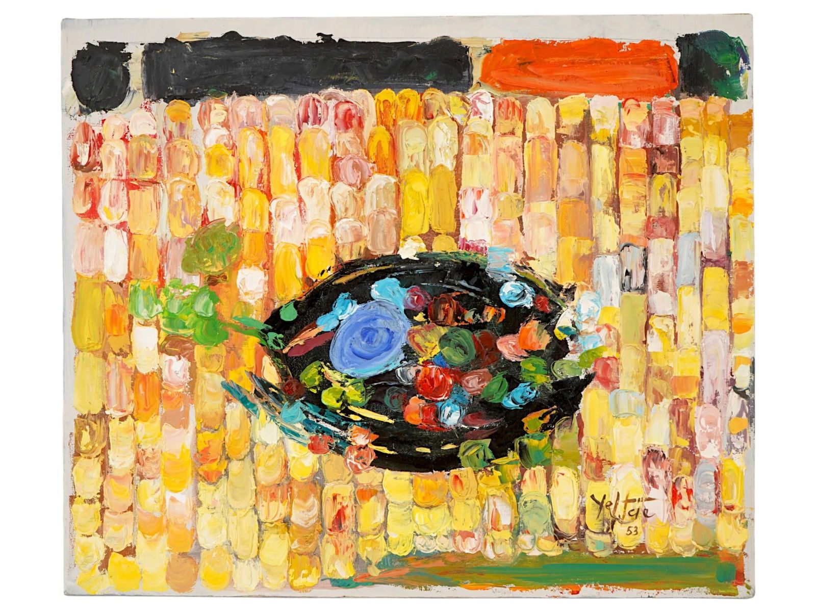 ATTRIBUTED TO MANOUCHER YEKTAI OIL PAINTING: Attributed to Manoucher Yektai, Iranian, American, 1922 to 2019, oil painting on canvas depicting a Figurative composition, 1953. Signed and dated, lower right. Manoucher Yektai was an Iranian born Am