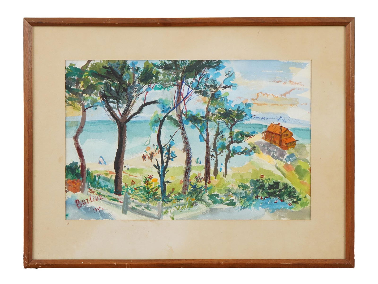 ATTR DAVID BURLIUK SEASCAPE WATERCOLOR PAINTING: Attributed to David Burliuk, Russian, 1882 to 1967, watercolor on paper painting. The artwork depicts a coastal scene. Signed and dated 1945 in the lower left. Matted and framed. Provenance: Estate of