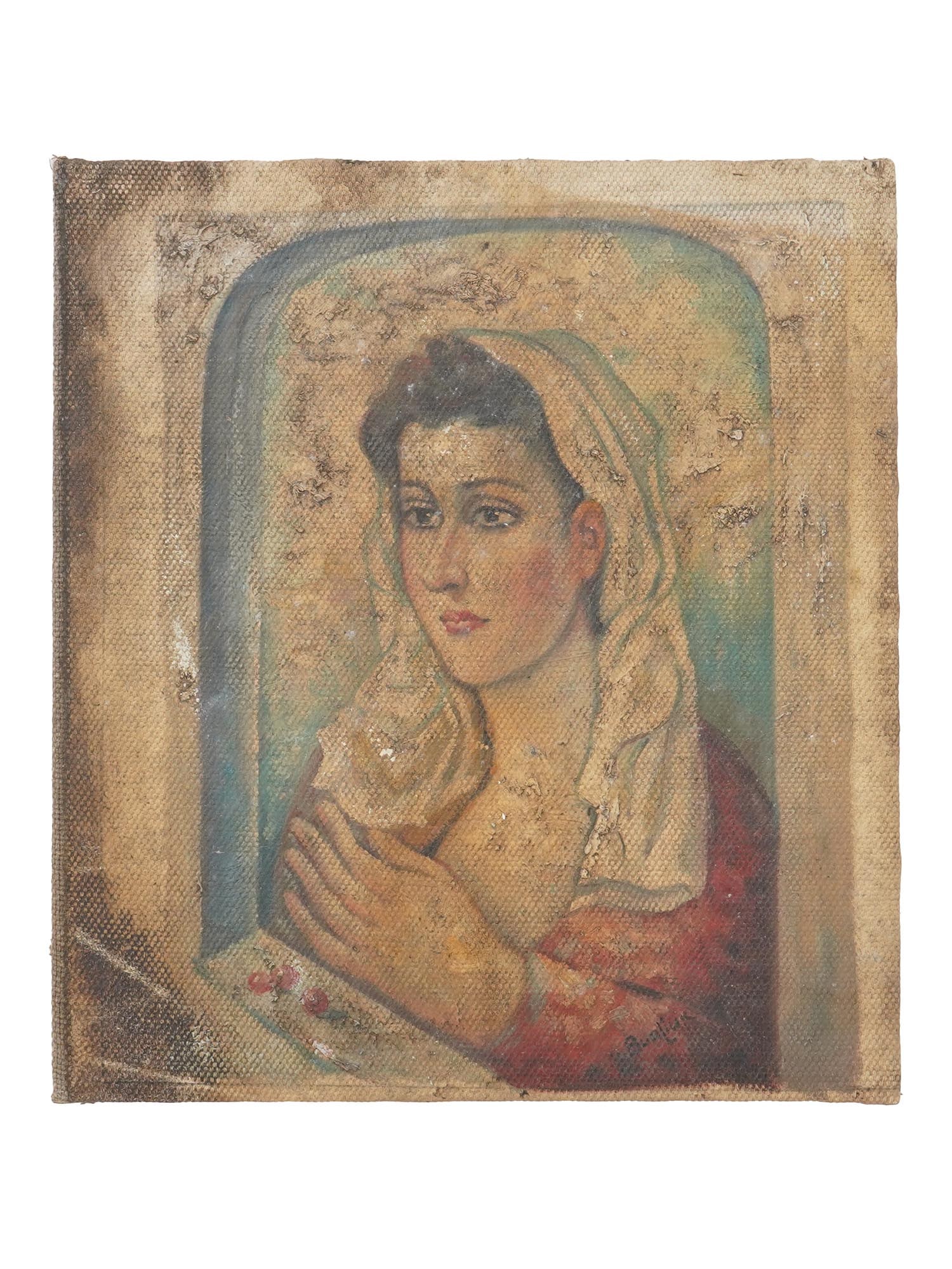 ATTR TO DAVID BURLIUK RUSSIAN PORTRAIT OIL PAINTING: Attributed to David Burliuk, Russian, 1882 to 1967, an oil painting on canvas, depicting his wife Marusya. Signed lower right. Unframed. David Davidovich Burliuk was a poet, artist and publicist assoc