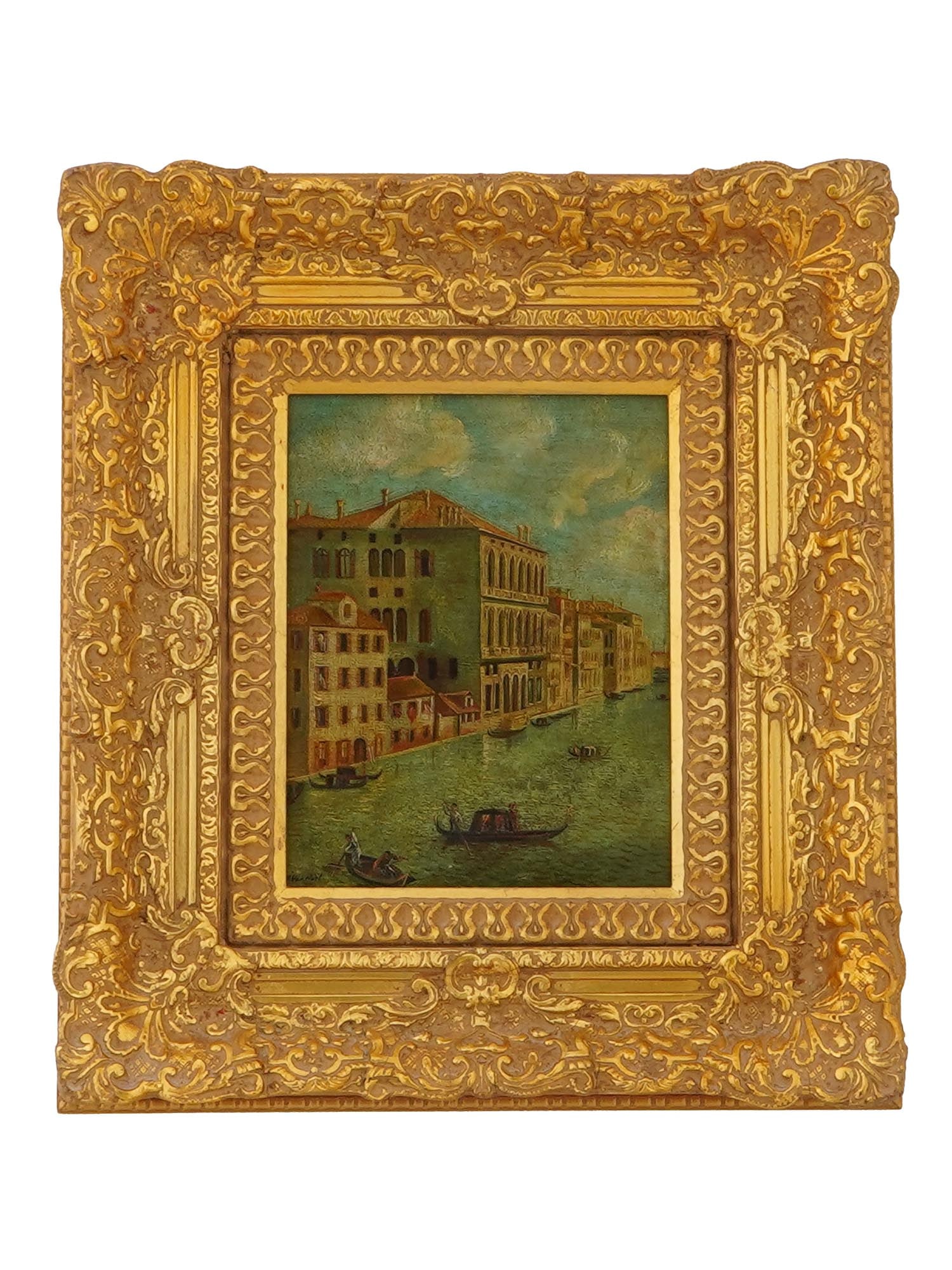 ANTIQUE EUROPEAN OIL PAINTING AFTER W VAN HORT: An antique European oil on board painting after W. Van Hort. The painting depicts a Venetian cityscape with a view of the canal and boats. Illegible signature lower left, presumably W. Van Hort. Ornat