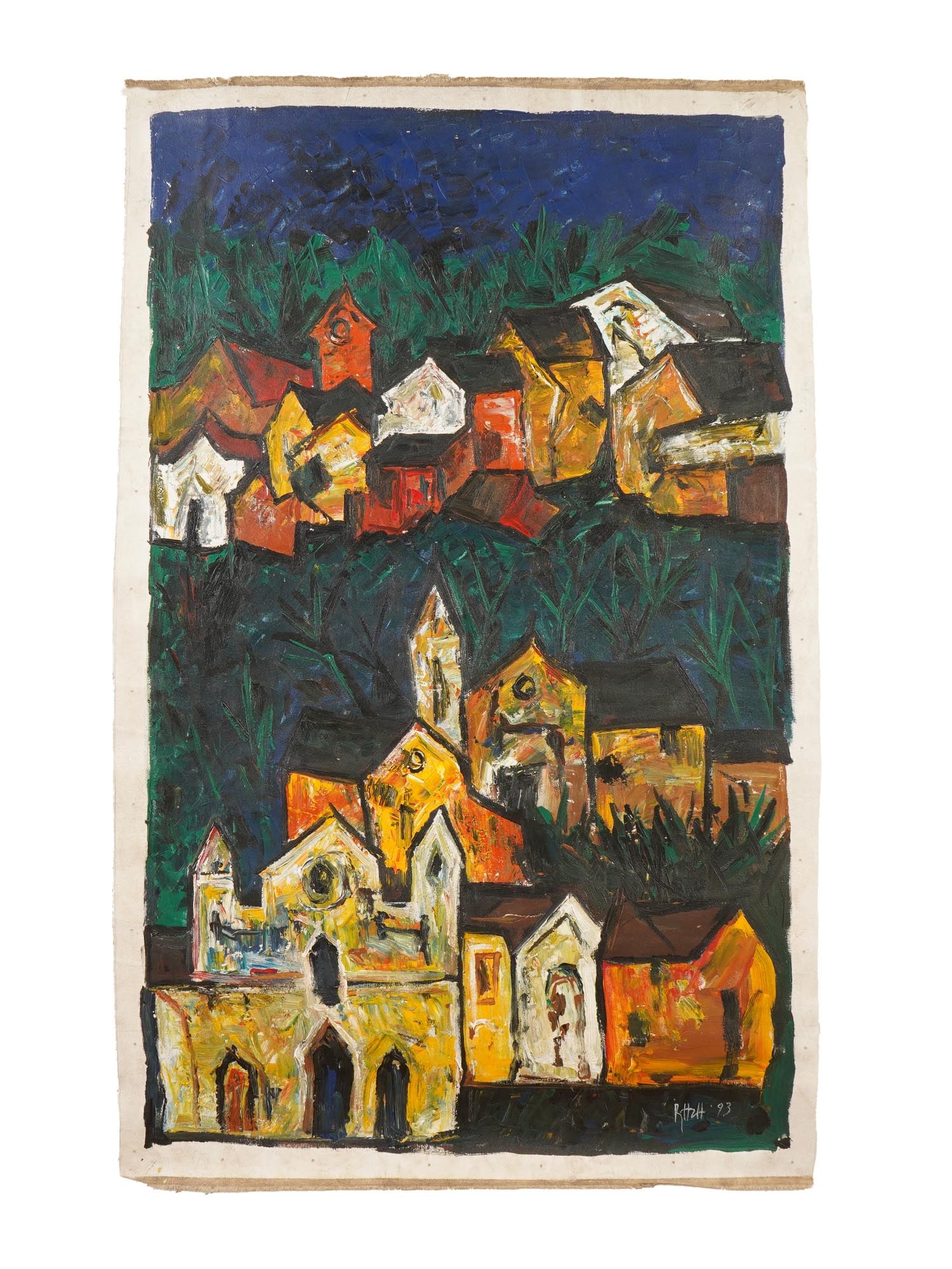 INDIAN TOWNSCAPE OIL PAINTING SIGNED SAYED HAIDER RAZA: An oil painting on canvas depicting a townscape, 1993. Signed, Raza, and dated 93, lower right. Syed Raza is known for Abstract, highly colored painting, landscape, circle shapes, symbolism. Syed Haid