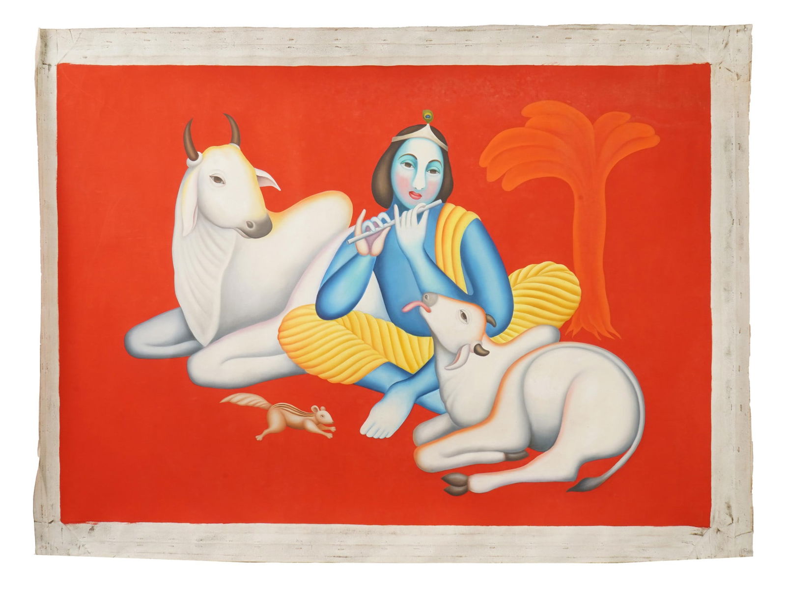 MID CENTURY INDIAN PAINTING SIGNED BAWA KRISHNA 2002: A mid-century Indian School oil painting on canvas depicting the Hindu god Krishna playing the flute, surrounded by animals. Dated 2002 and signed on verso Manjit Bawa, one of Indias most celebrated m