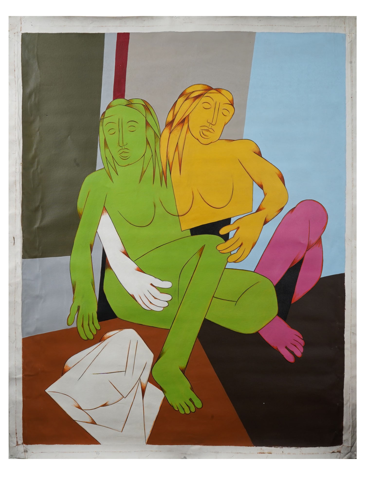 INDIAN ACRYLIC PAINTING SIGNED TYEB MEHTA WITH COA: An acrylic painting on canvas depicting a double portrait of female nude figures, 2006. Signed, Tyeb, and dated 06, on the backside. Completed with a certificate of authenticity, signed. Tyeb Mehta wa