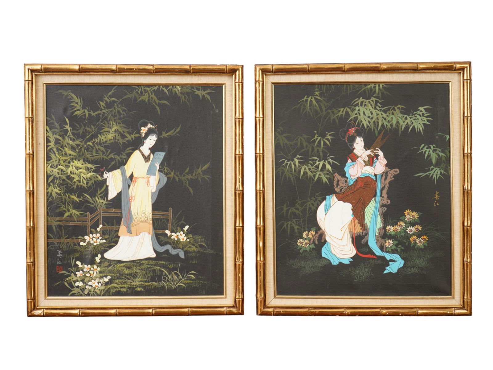 VINTAGE ASIAN OIL PAINTINGS FEMALE FIGURES SIGNED: A pair of vintage Asian oil paintings on canvas depicting elegant female figures, often referred to as Geisha girls, set within tranquil garden scenes featuring bamboo motifs. Each piece is signed by