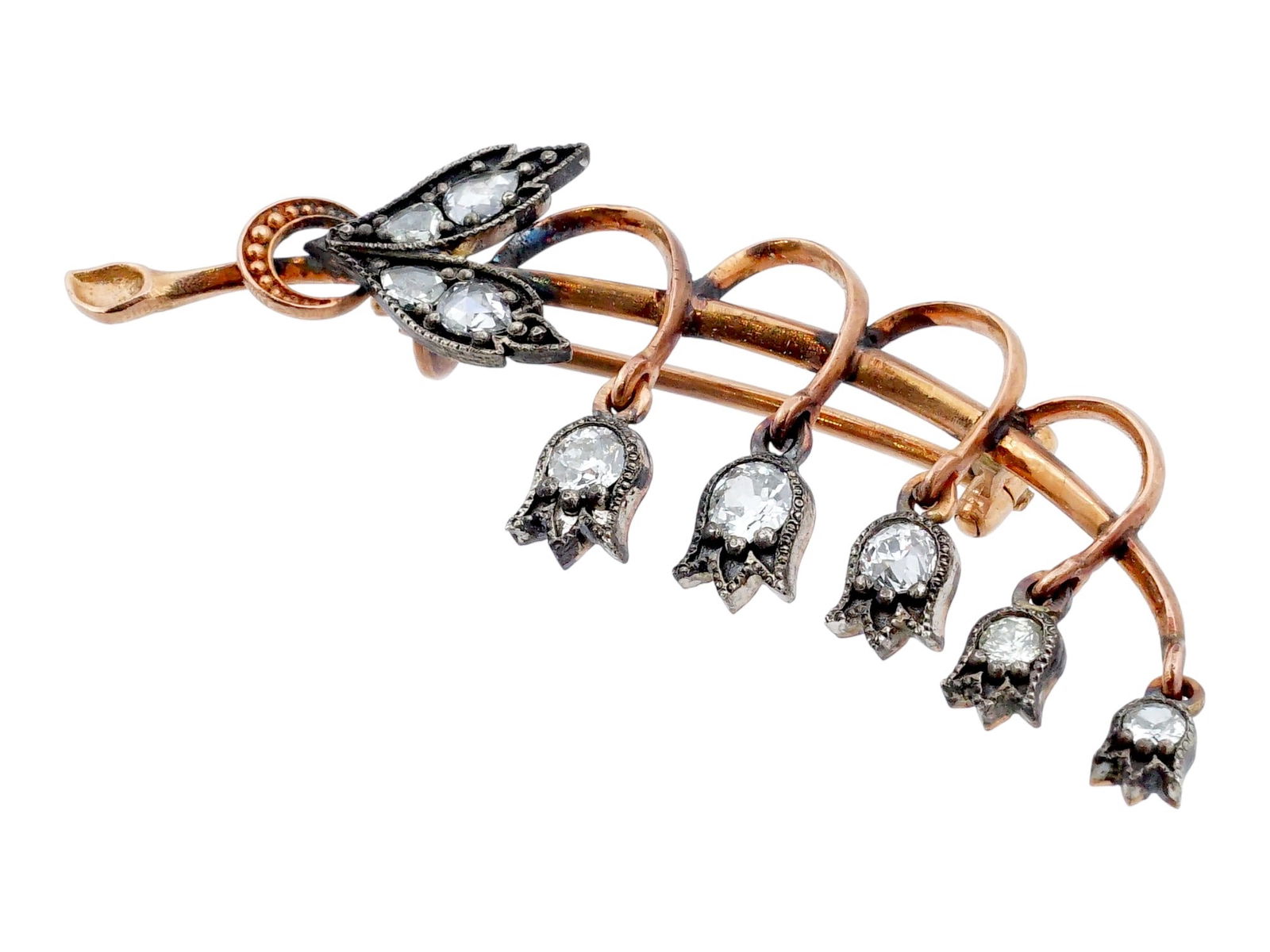 RUSSIAN GOLD SILVER DIAMONDS LILY OF THE VALLEY BROOCH (1 of 10)