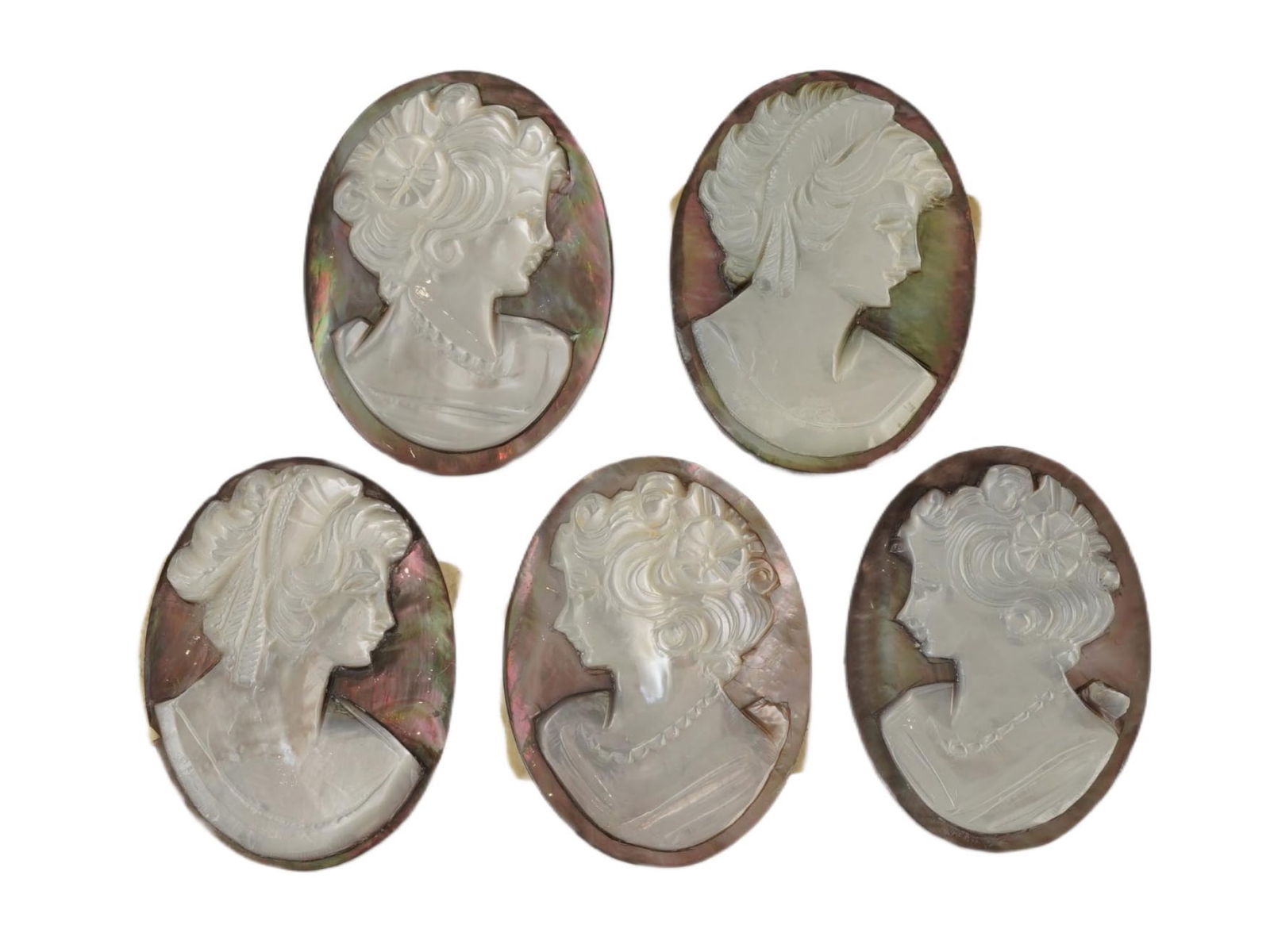 COLLECTION OF FEMALE PORTRAIT CARVED SHELL CAMEOS: A collection of hand carved conch chell cameos. A total of 5 items. Each piece is crafted from conch shell, featuring female profile portraits rendered in high relief. Oval shape. Collectible Jewelry