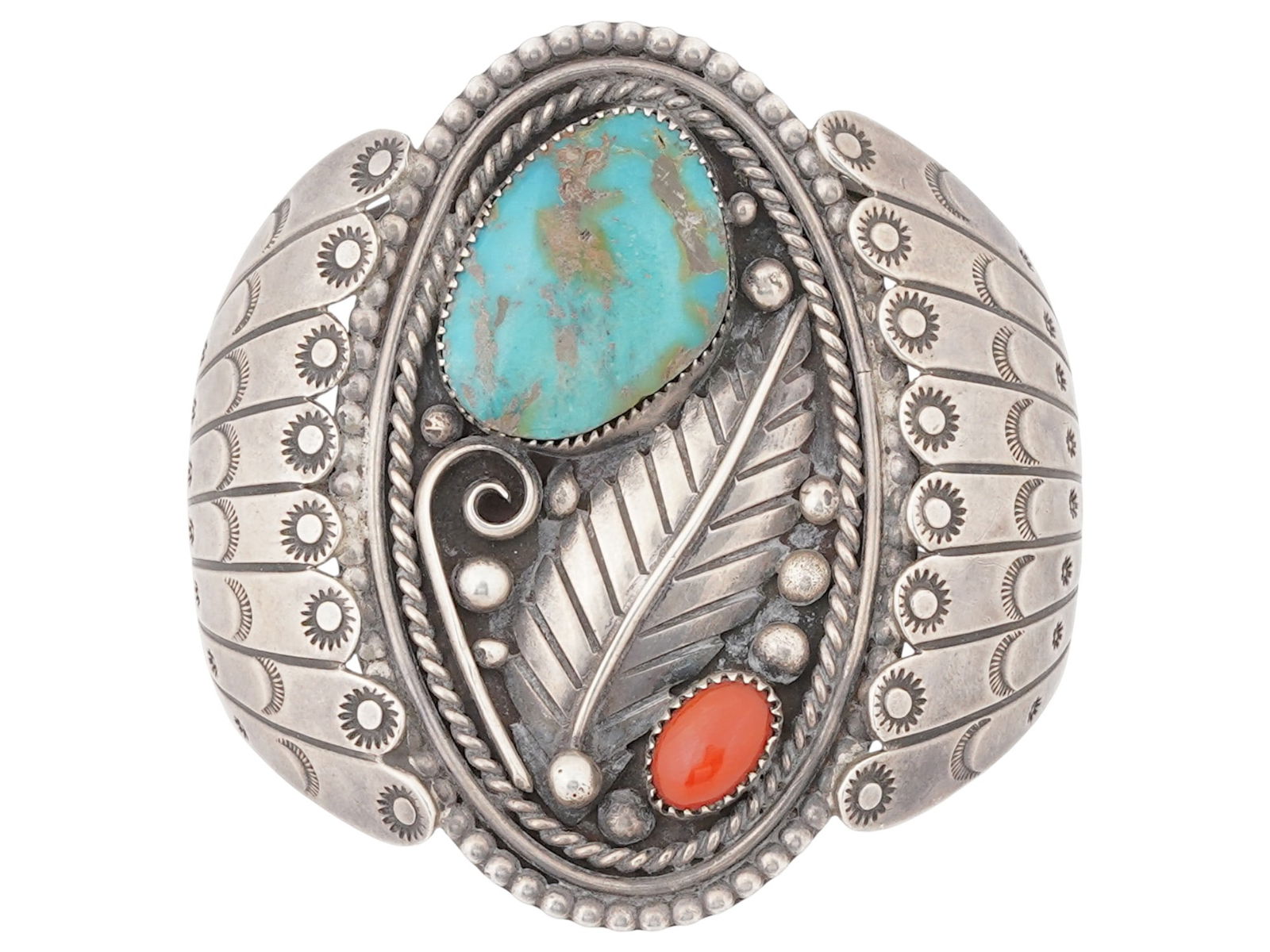 OLD PAWN AMERICAN SILVER TURQUOISE AND CORAL BRACELET (1 of 7)