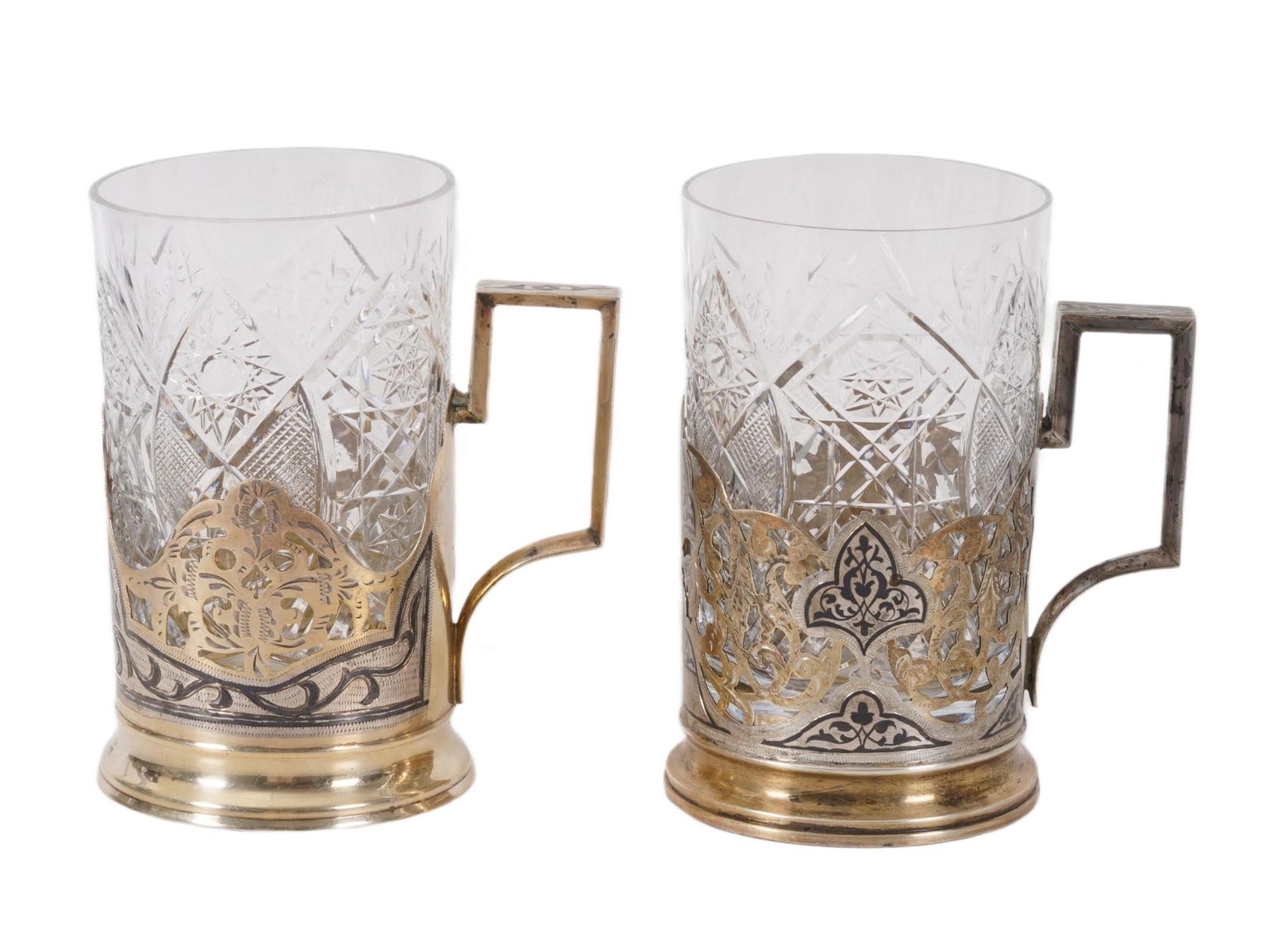 RUSSIAN SOVIET SILVER NIELLO GLASS HOLDERS WITH INSERTS (1 of 8)