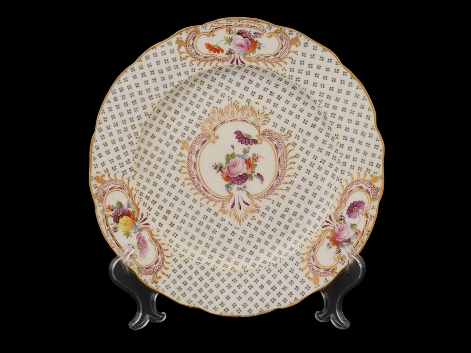 CAULDON ENGLAND FOR GILMAN COLLAMORE PORCELAIN PLATE: An antique 19th century porcelain cabinet plate made by the English pottery firm Cauldon Ware for the high end New York City retailer Gilman Collamore and Co. The plate is adorned with hand painted me