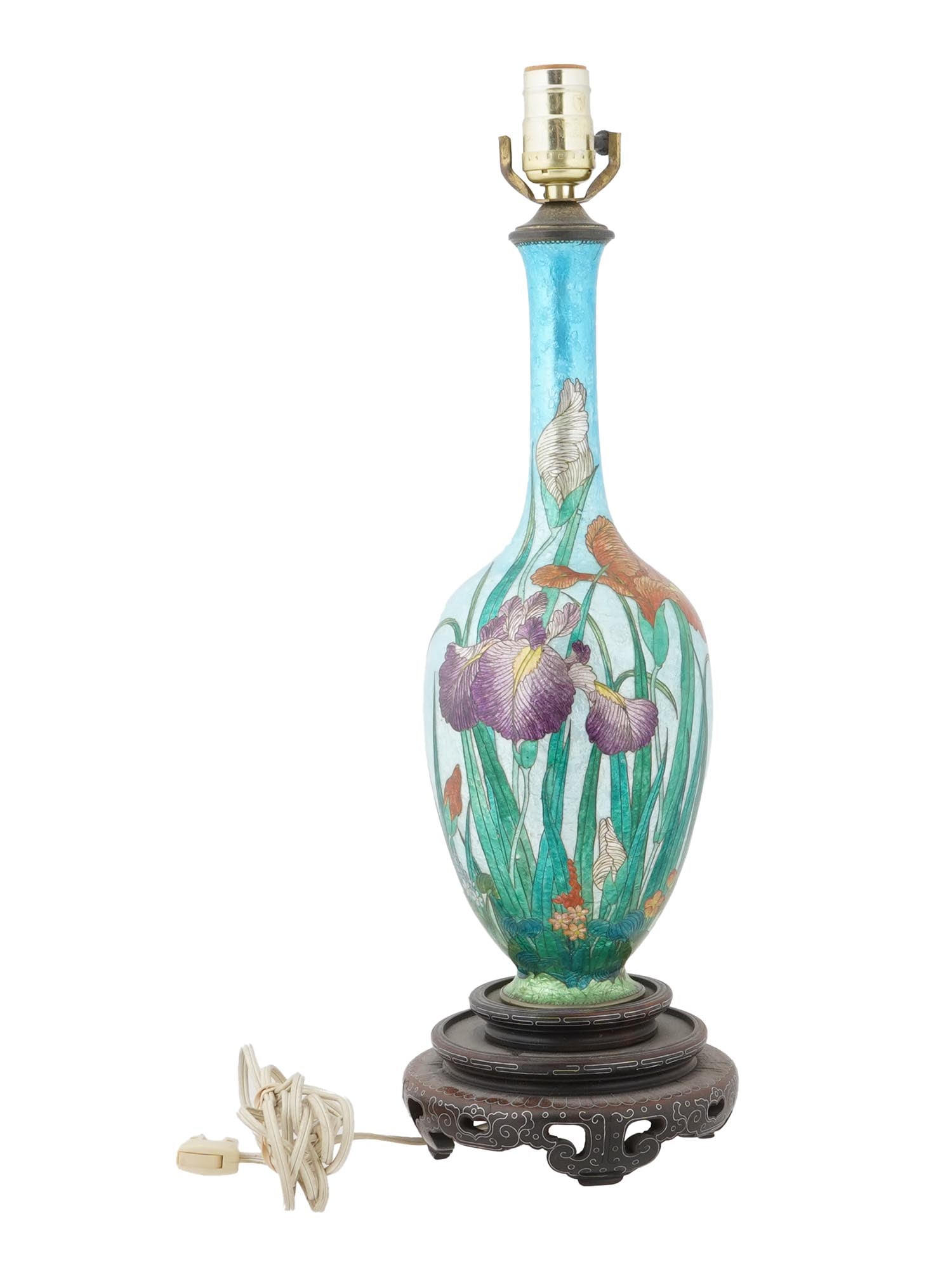 ANTIQUE JAPANESE GINBARI CLOISONNE ENAMEL VASE LAMP: An antique Japanese copper vase transformed into a lamp with polychrome ginbari cloisonne enamel decor. Late Meiji period, before 1912. Ovoid bottle shape with an elongated neck. Decorated with an iri