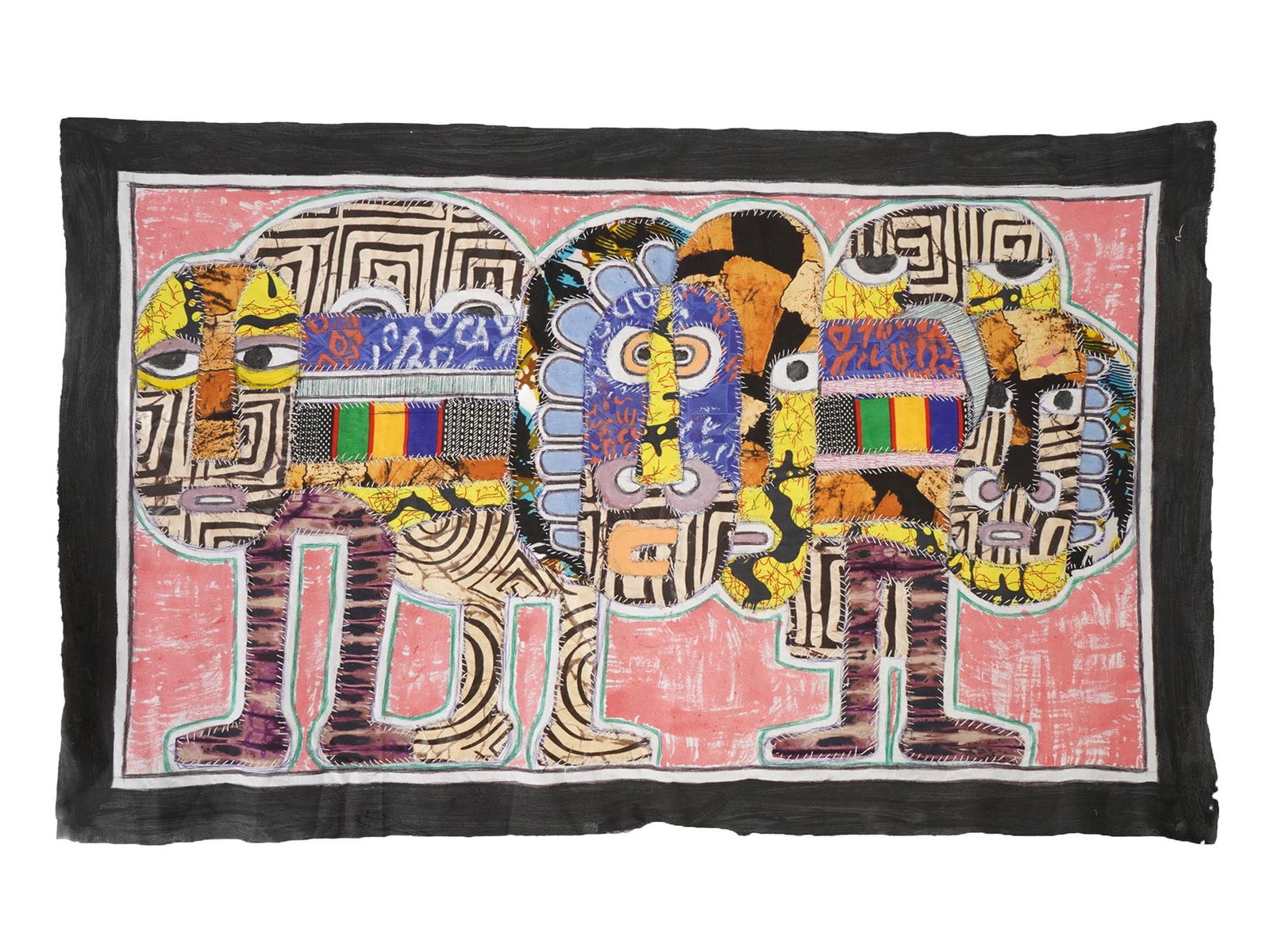 KAYODE BURAIMOH NIGERIAN ARTWORK ANIMAL KINGDOM 2025: Kayode Buraimoh, Nigerian, 21st century, mixed media hand-stitched artwork on fabric, titled Animal Kingdom, 2025. Inscribed on the backside. Unframed. Kayode Buraimoh is a contemporary artist whose
