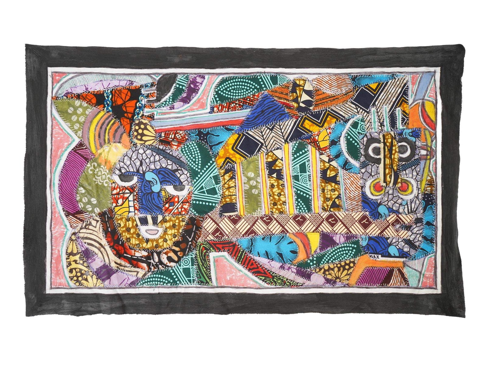 KAYODE BURAIMOH NIGERIAN ARTWORK IN ACCORD 2025: Kayode Buraimoh, Nigerian, 21st century, mixed media hand-stitched artwork on fabric, titled In Accord, 2025. Inscribed on the backside. Unframed. Kayode Buraimoh is a contemporary artist whose work