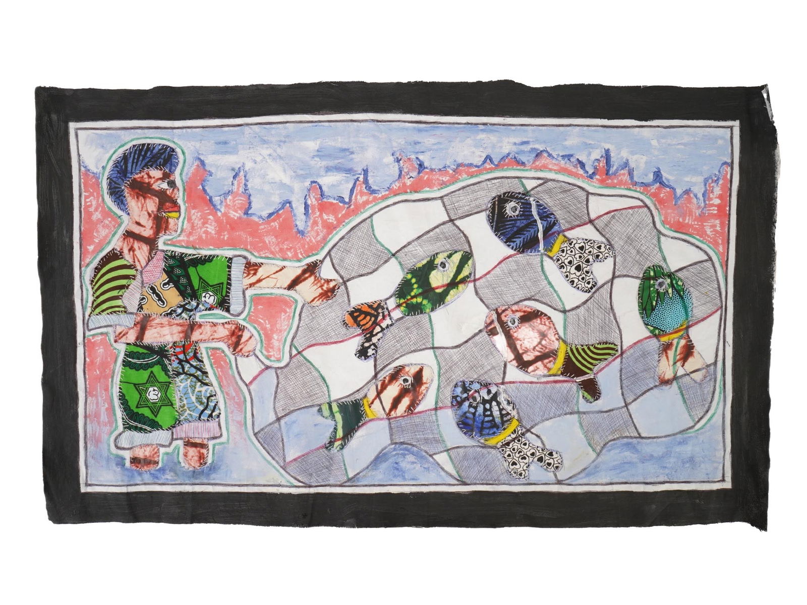 NIGERIAN STITCH FABRIC ARTWORK BY KAYODE BURAIMOH: Kayode Buraimoh, a Contemporary Nigerian artist, a mixed media stitch fabric artwork, Fisherman, 2025. Signed, titled, dated 2025, and inscribed, on the backside. Unframed. Provenance: from the
