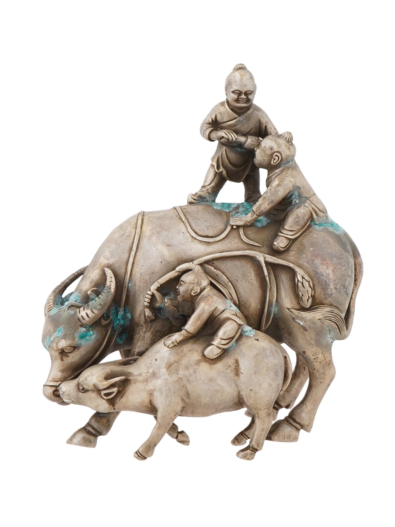 CHINESE PATINATED METAL FIGURAL GROUP OF BULLS KIDS: A Chinese patinated metal figural group. The sculpture depicts a small and a big bull and three children riding the bulls. The sculpture is adorned with engraved detailed patterns. Unmarked. Antique a