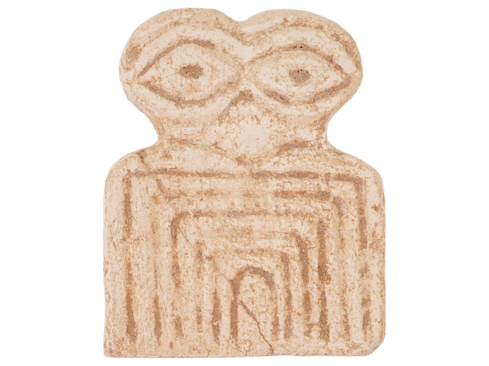 ANCIENT NEAR EASTERN STONE EYE IDOL TEMPLE FIGURINE: An ancient Near Eastern hand carved stone Eye idol temple figurine. One of the most famous artifact types from early Mesopotamia. Shaped like a weight surmounted by two eyes, much scholarly conjecture