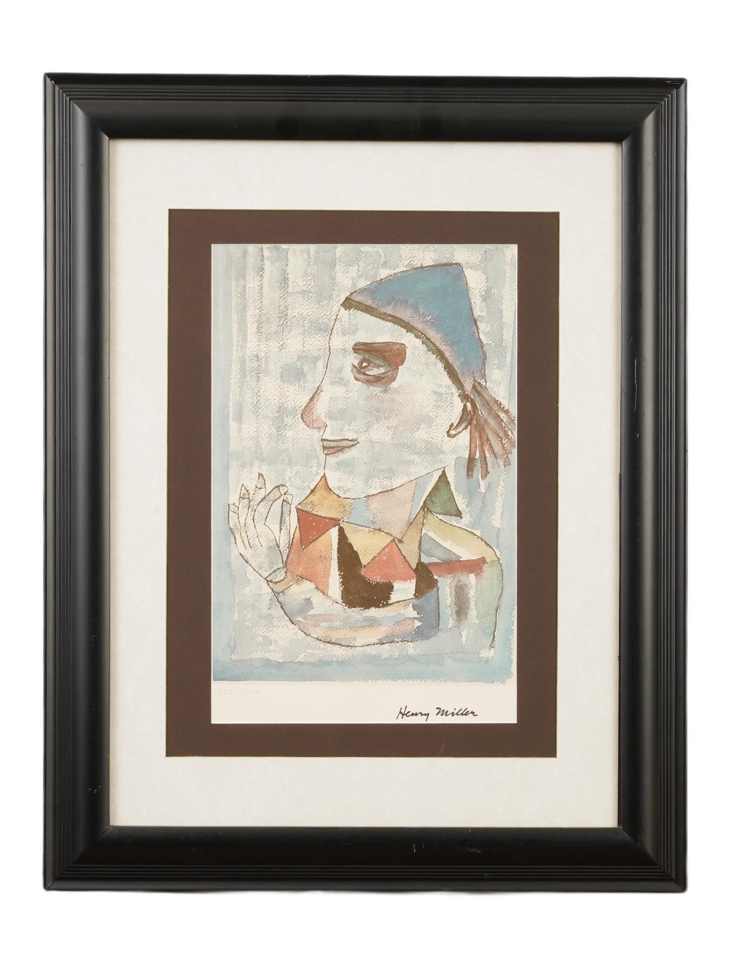 LITHOGRAPH PRINT AFTER HENRY MILLER: A lithograph print on paper after Henry Miller, 1891 to 1930, the famous American novelist and painter. The piece is in his signature expressionist and whimsical style, often featuring stylized faces