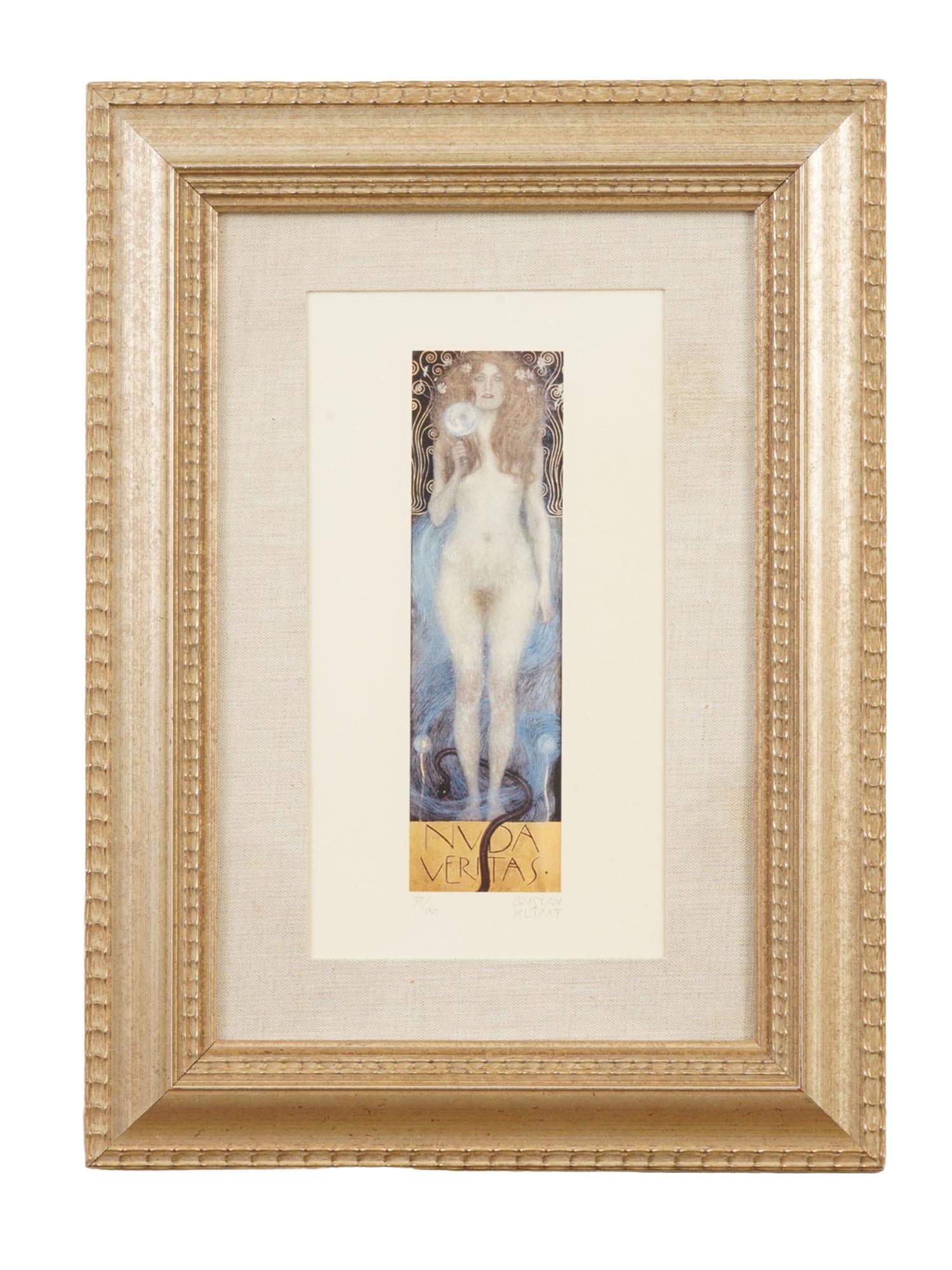 NUDA VERITAS OFFSET PRINT AFTER GUSTAV KLIMT: An offset print after Gustav Klimt, an Austrian symbolist painter who was one of the key figures in the Art Nouveau movement. Titled Nuda Veritas. This iconic image features a frontal, life-size