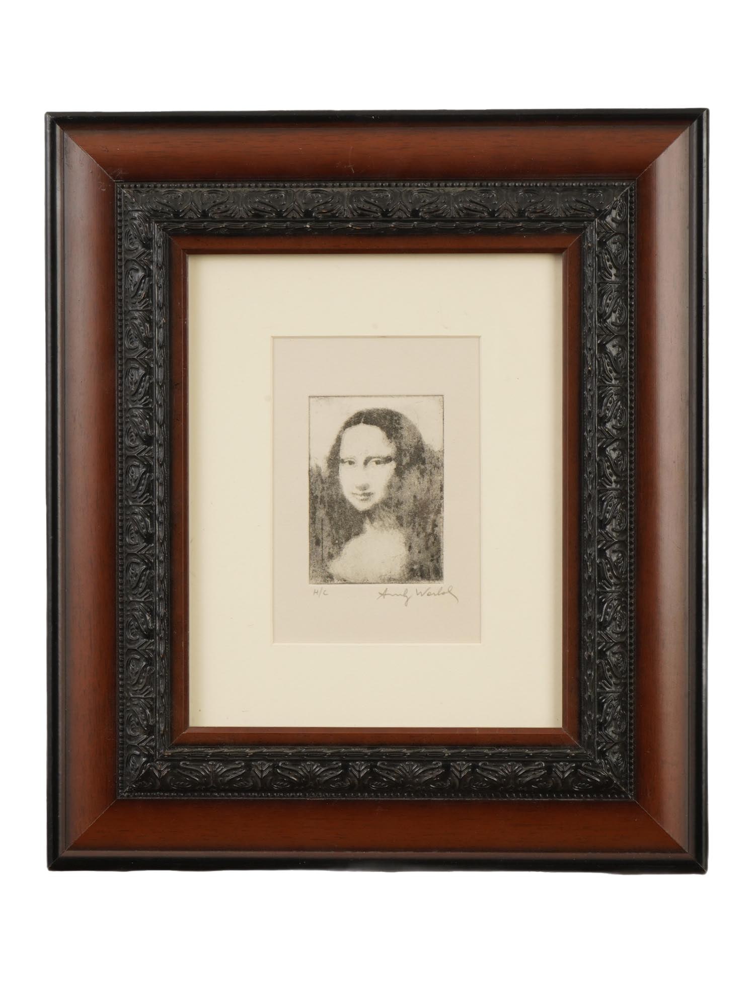 AFTER ANDY WARHOL AMERICAN MONA LISA ETCHING: A Mona Lisa etching on paper after Andy Warhol, American, 1928 to 1987. Signed lower right. Matted and framed. Andy Warhol was a visual artist, film director, and producer. A leading figure in the pop