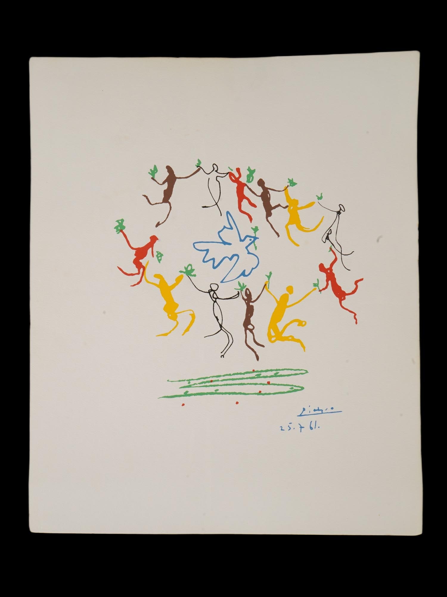 AFTER PABLO PICASSO SPANISH MODERNIST COLOR LITHOGRAPH: After Pablo Picasso, Spanish, 1881 to 1973, color lithograph print titled The Youth Circle. A vibrant and symbolic composition featuring a central blue dove, surrounded by a circle of stylized,