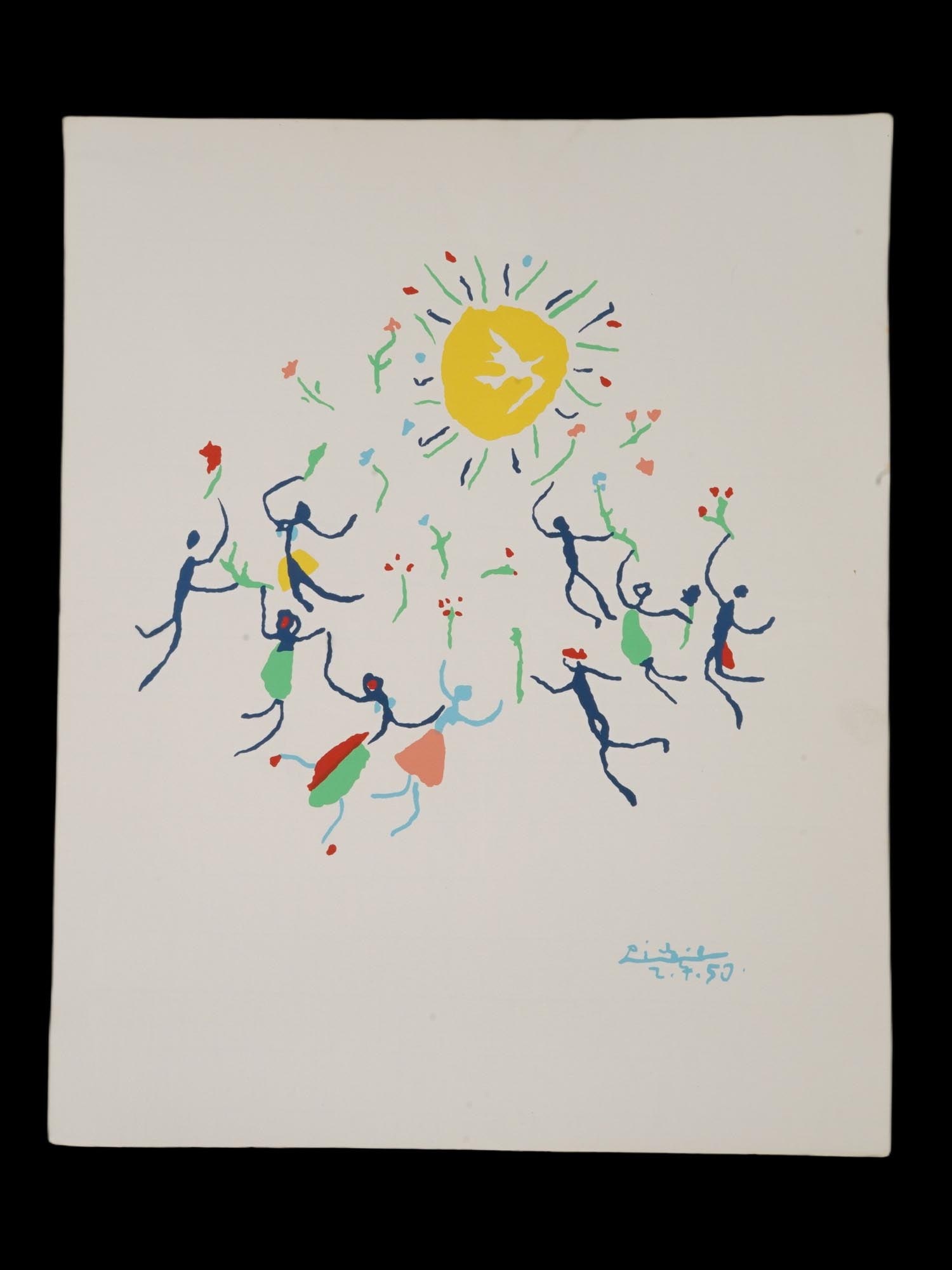 AFTER PABLO PICASSO SPANISH MODERNIST COLOR LITHOGRAPH: After Pablo Picasso, Spanish, 1881 to 1973, color lithograph print titled The Dance of Youth. A joyful and rhythmic composition featuring abstract multicolored figures dancing in a circle around a