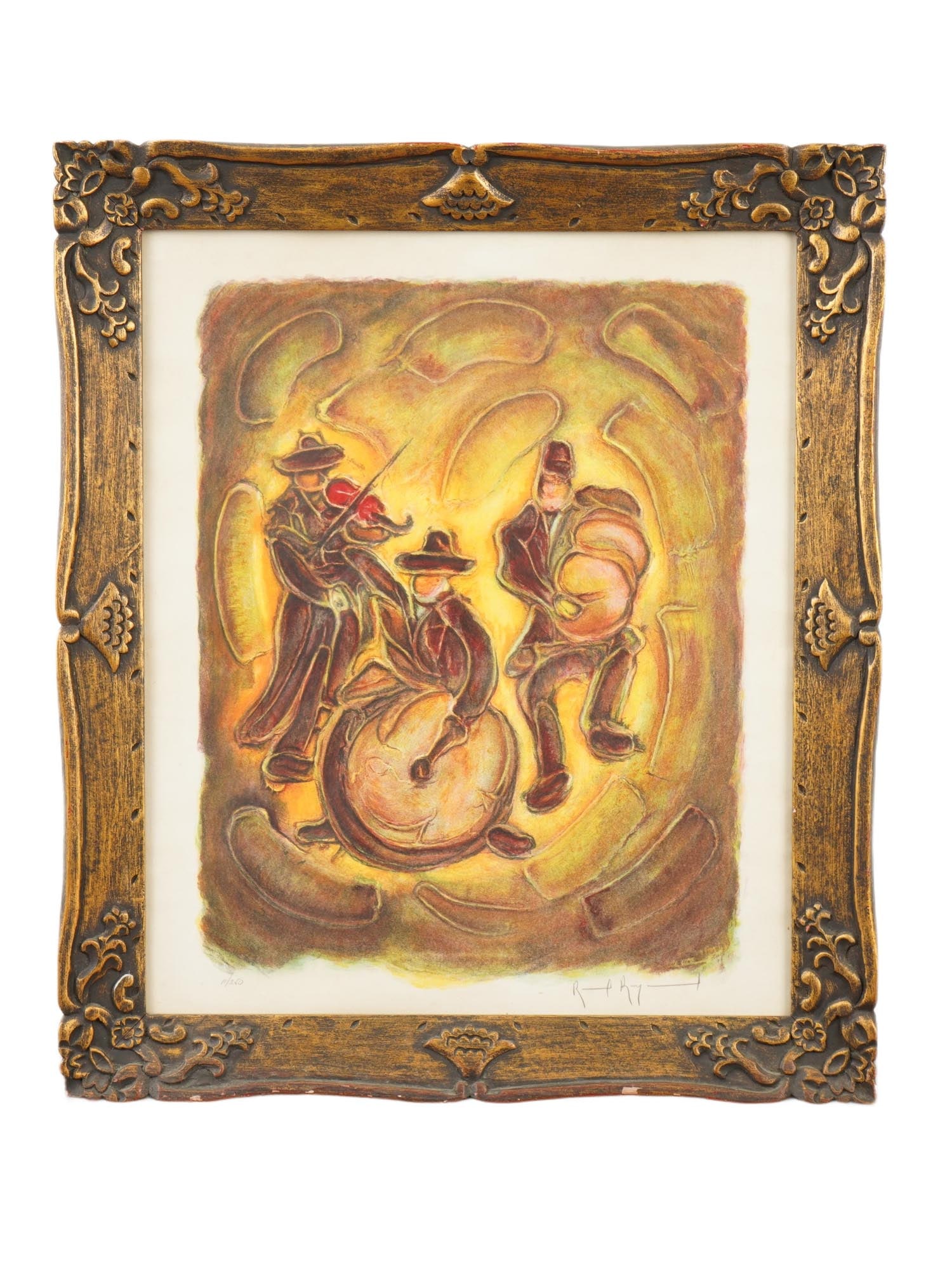 LITHOGRAPH JEWISH BAND BY RAYMOND REYNOLDS SIGNED: A color lithograph titled Jewish Band, also known as Jewish Musicians, is by Raymond Reynolds. The composition depicts a group of musicians in an expressive abstract style. Signed in pencil by the