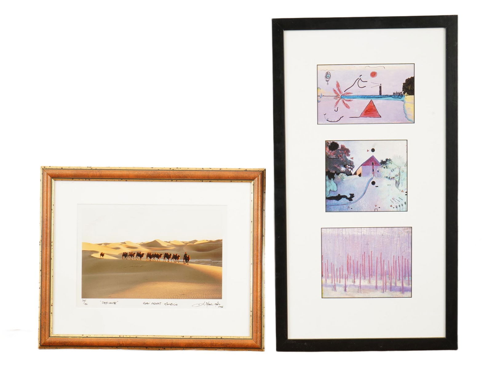 PHOTO DEFIANCE BY MICHAEL CHEN AND HAND COLORED PRINTS: A photographic print titled Defiance by Michael Chen, depicting a camel caravan crossing the sweeping sand dunes of the Gobi Desert. The photograph is signed in the lower right and dated 2006. And