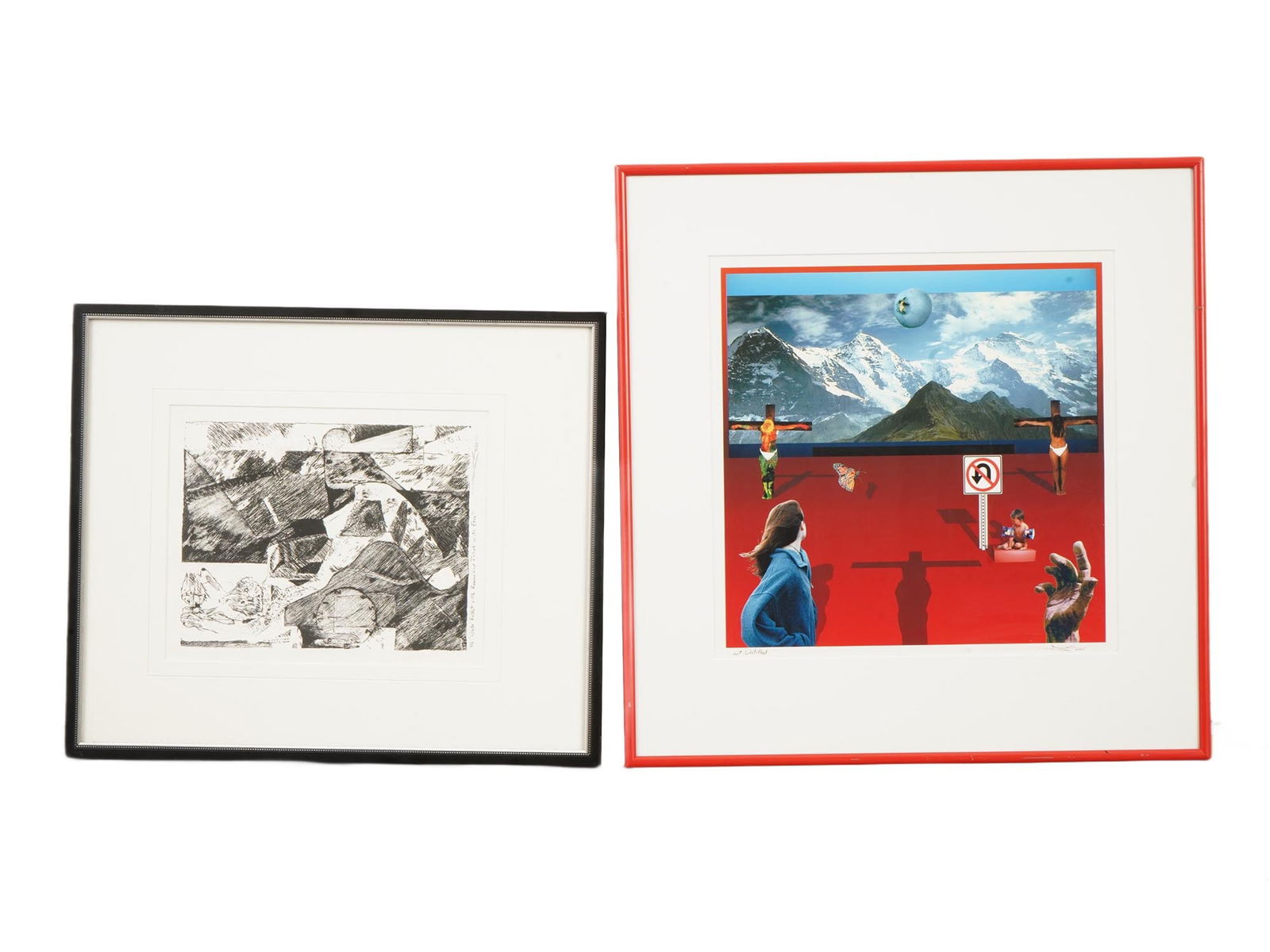 SURREALIST COLLAGE PRINT AND ABSTRACT ETCHING: A surrealist-style collage print combining disparate symbolic elements into a dreamlike landscape, a composition characteristic of modern collage practices. The accompanying black-and-white print is a