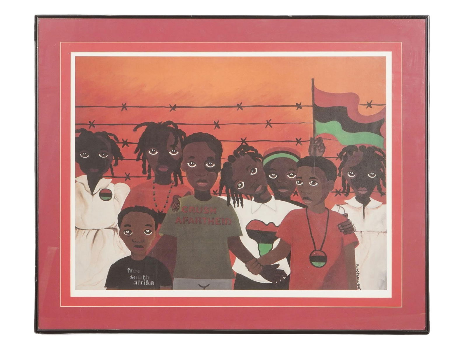 CRUSH APARTHEID SOUTH AFRICAN COLOR PRINT SIGNED: Color offset print on paper. South African, late 20th century. The poster depicts African children with flags in front of a wire fence, dressed in T-shirts with mottos Free South Africa and Crush