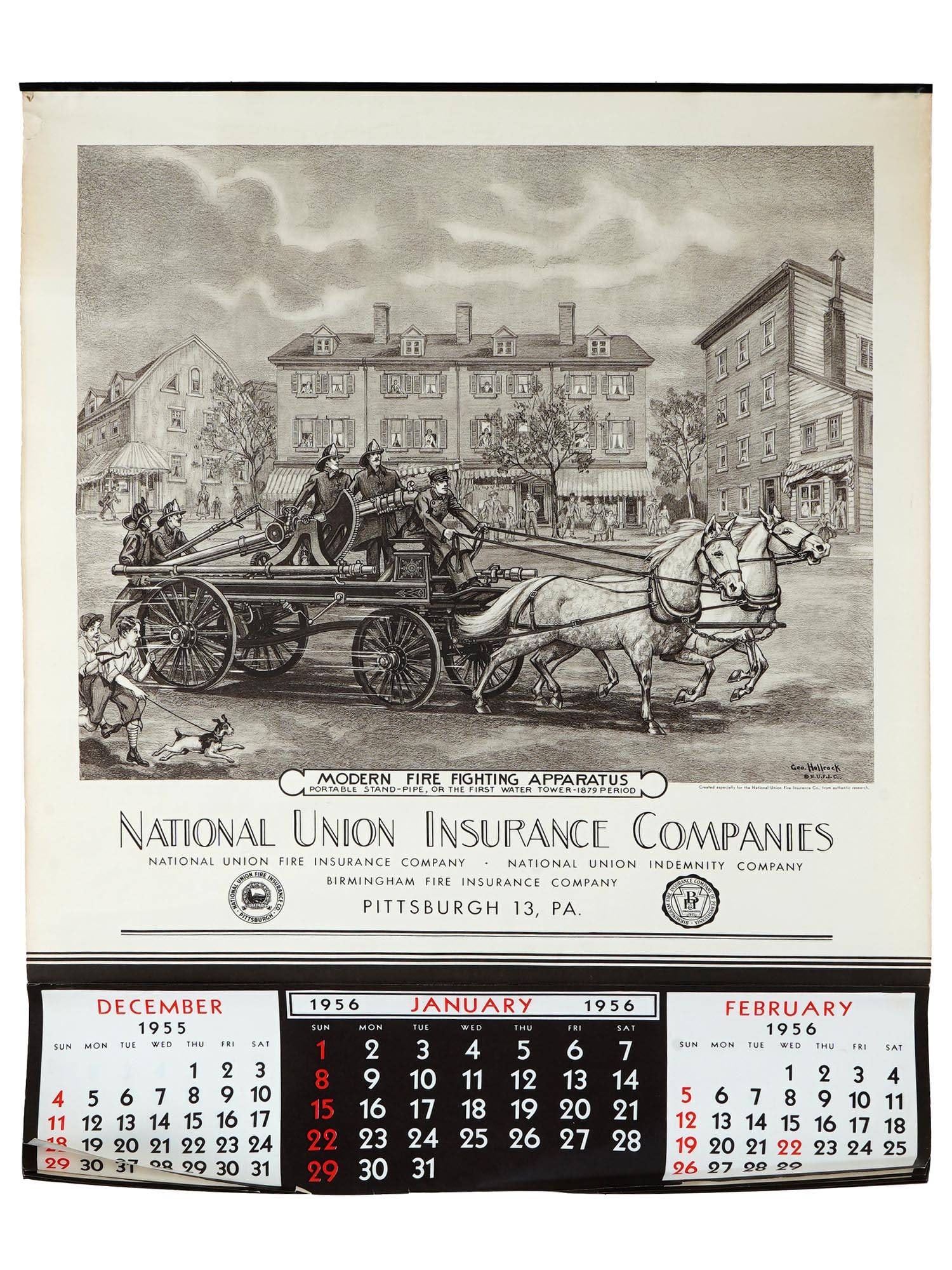 VTG 1956 NATIONAL UNION INSURANCE COMPANIES CALENDAR: A vintage calendar from National Union Insurance Companies 1956, featuring an illustration after the print Firefighting Apparatus by George L. Hollrock, American, 1882 to 1968. Vintage American