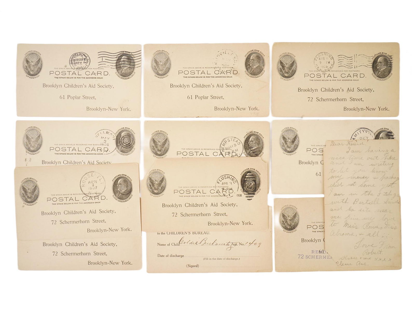 ANTIQUE US BROOKLYN CHILDRENS AID SOCIETY POSTAL CARDS: A collection of antique US Postal Cards addressed to or issued by the Brooklyn Childrens Aid Society. Circa early 1900s. The cards feature various historical addresses of the society, including 61