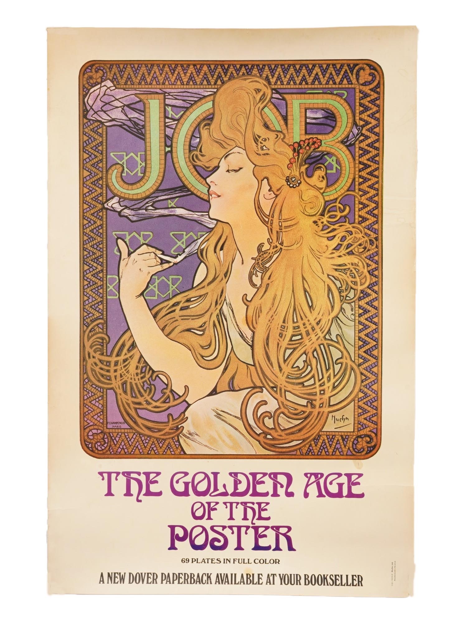 ALPHONSE MUCHA ART NOUVEAU ADVERTISING POSTER: A vintage American Art Nouveau advertising poster of The Golden Age of the Poster book published by Dover Publications, 1971. Based on the original Job Cigarettes poster, created by the Czech artist