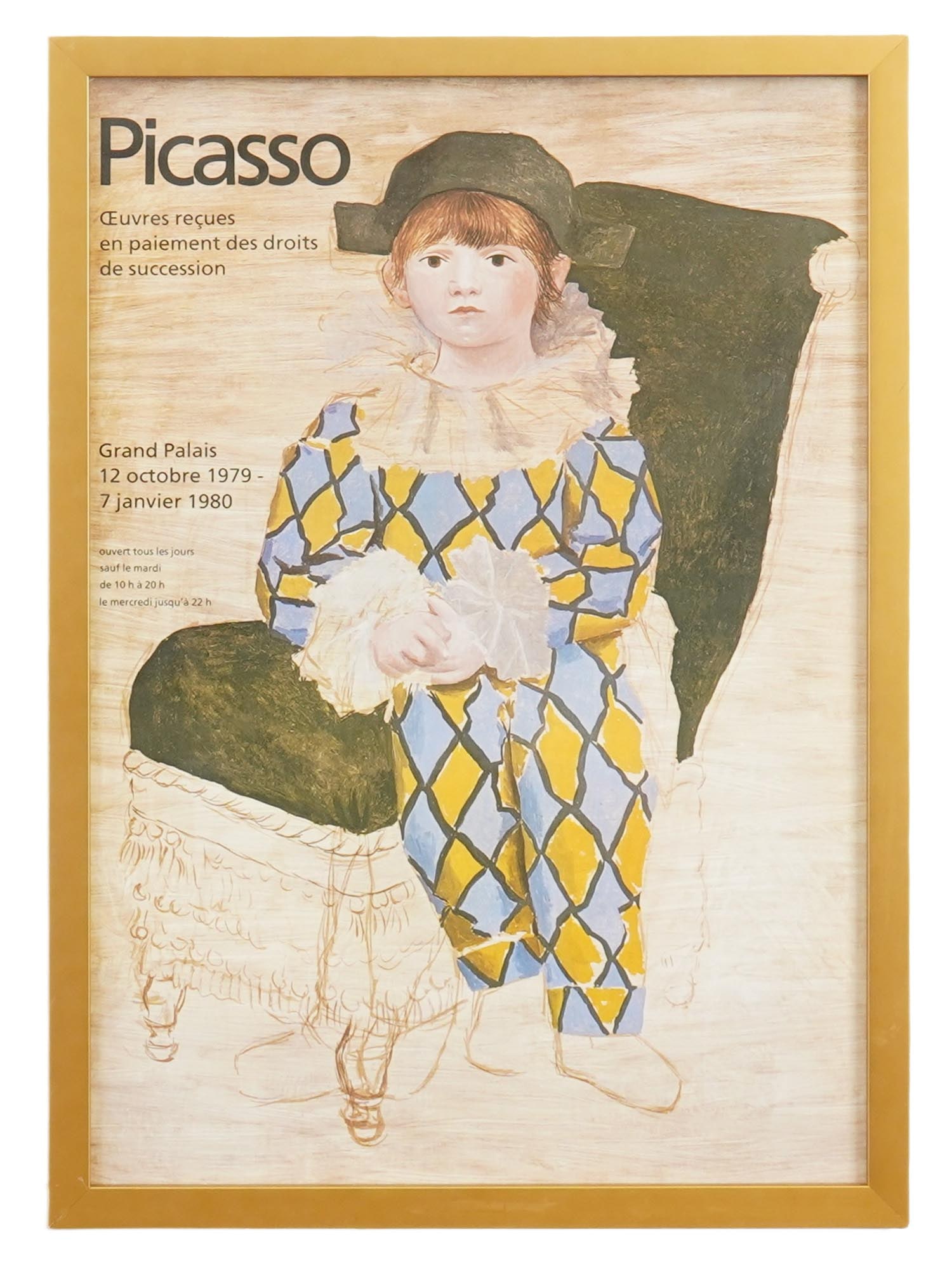VINTAGE EXHIBITION POSTER PABLO PICASSO PARIS 1979: A vintage exhibition poster for Pablo Picasso at the Grand Palais, Paris, held from October 12, 1979, to January 7, 1980, titled Works Received in Payment of Inheritance Taxes. Framed. The poster feat