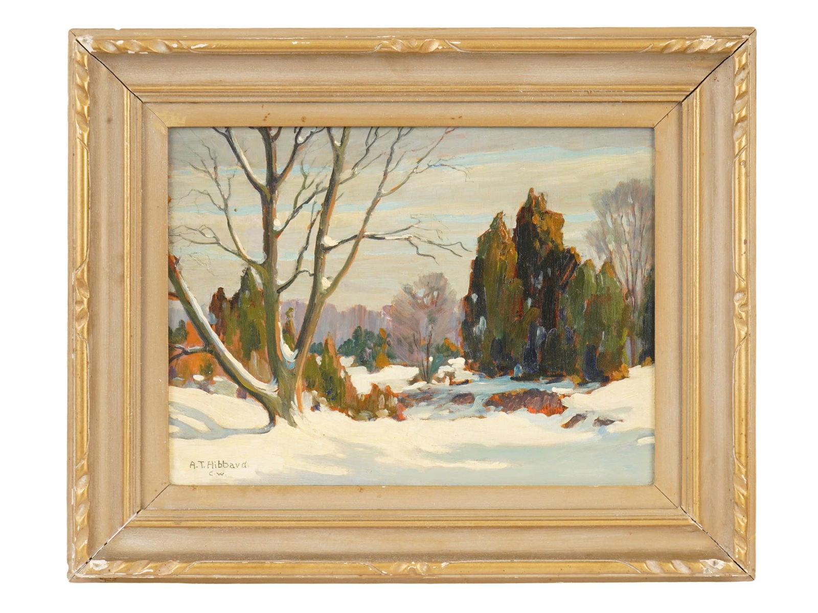 VINTAGE AMERICAN SCHOOL OIL LANDSCAPE PAINTING: A vintage mid century American school oil on canvas landscape painting. The painting depicts a winter morning in the forest. Signed lower left. Framed. Fine Art and Collectibles. Home Decor. TH
