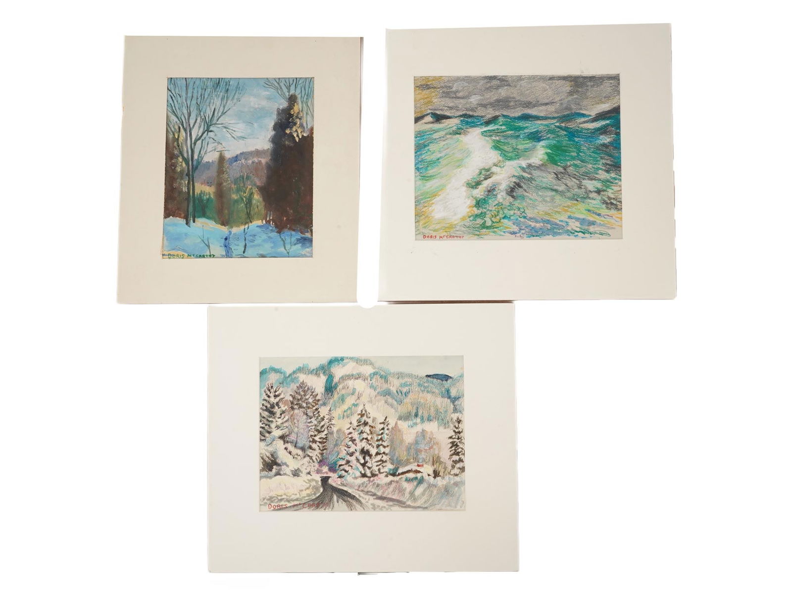LOT OF THREE MIXED MEDIA LANDSCAPE PAINTINGS: A lot of three landscape paintings: an oil on paper, a mixed media on board, and a pastel on paper. All three are signed lower left, matted. Two of the three have titles on the back: Heavy Sea East Co
