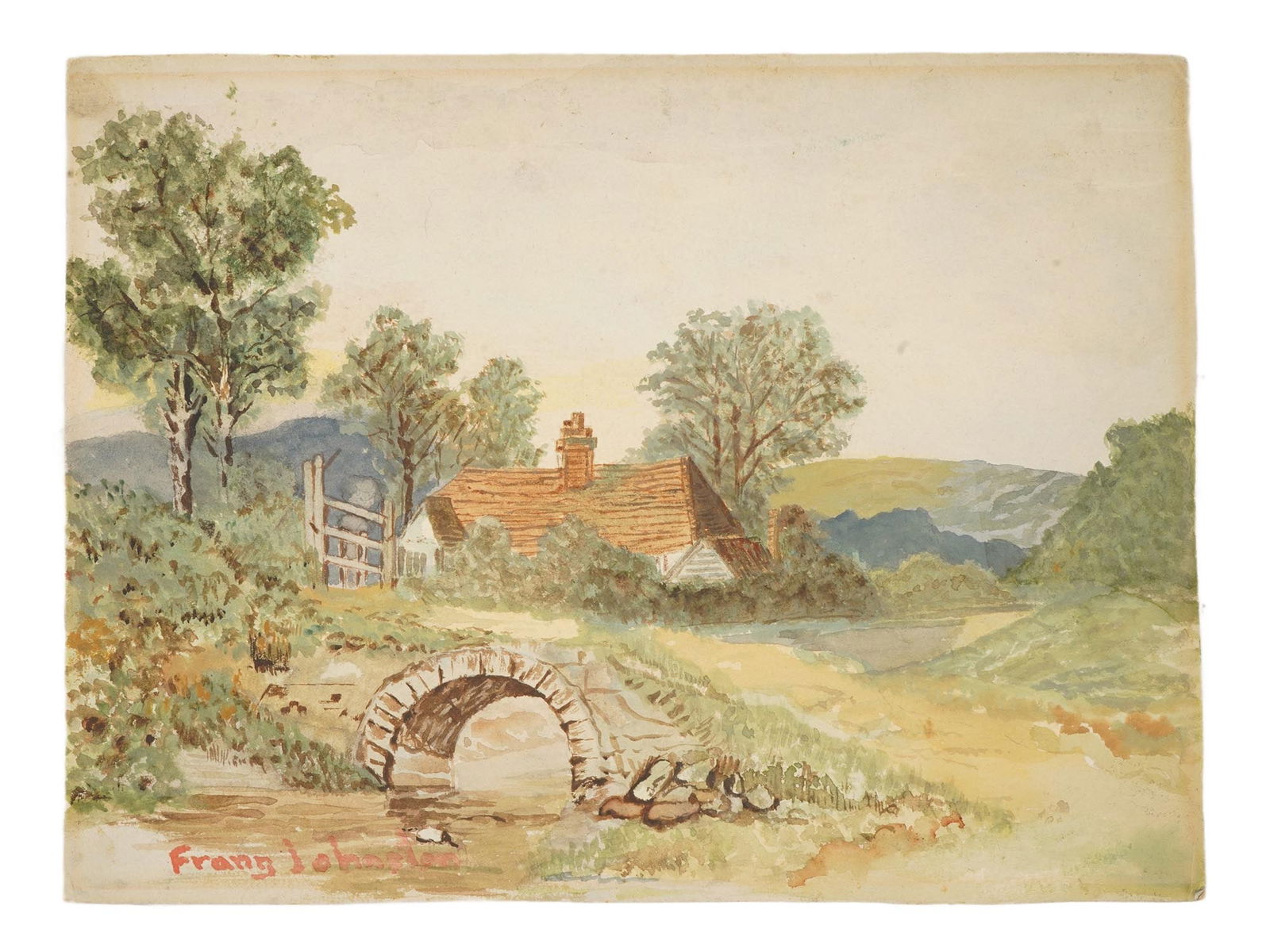 MID CENTURY WATERCOLOR PAINTING OF A RURAL LANDSCAPE: A mid-century watercolor painting on board depicting a rural landscape. Signed lower left. Framed. Vintage Paintings And Art Collectibles. THIS LOT IS ELIGIBLE FOR A 30-DAY UNCONDITIONAL RETUR